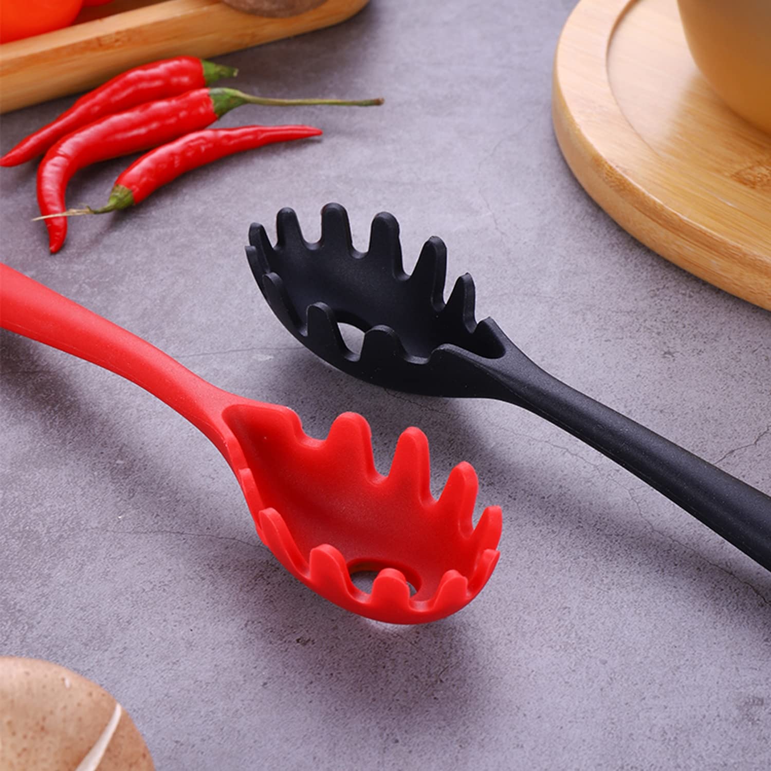 2-Pack Black Silicone Pasta Forks - Long Handle Noodle Spoon & Egg Colander Set, Food Grade Kitchen Utensils for Cooking, Serving Pasta, Salad, and Boiled Eggs