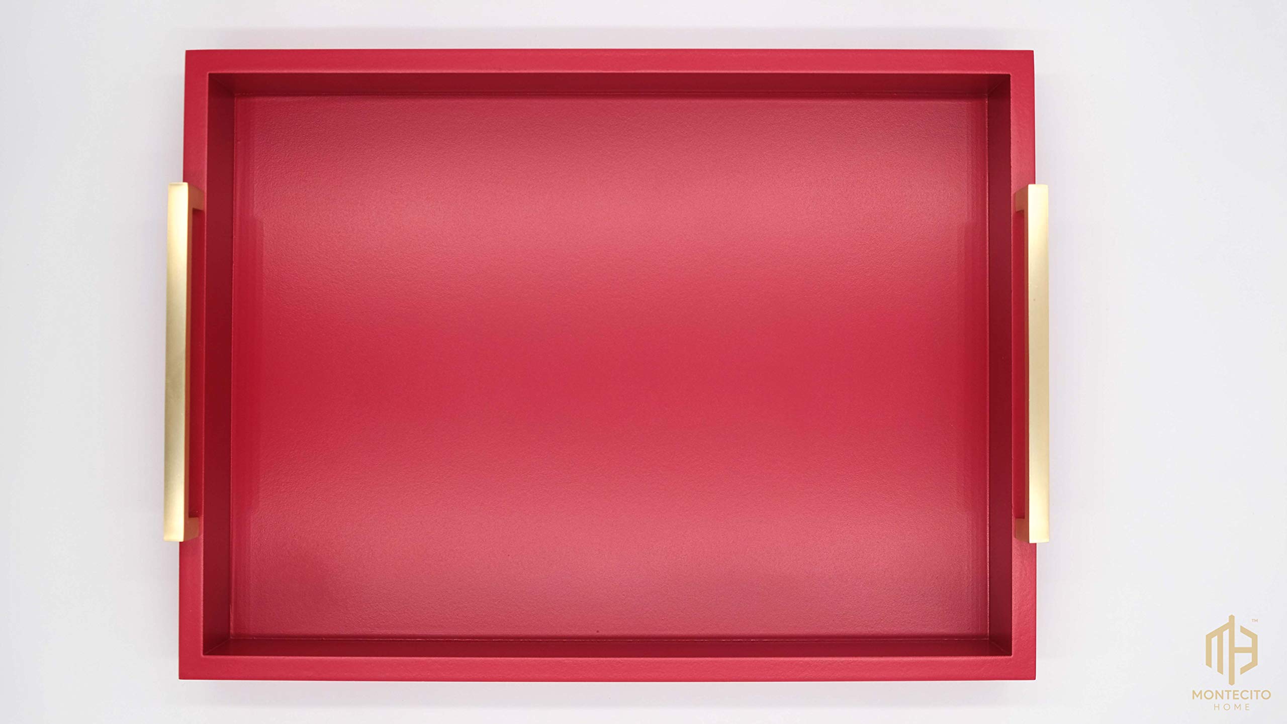 Farmhouse to Modern Decorative Coffee Table Tray with Champagne Gold Handles - Ottoman Serving Tray for Breakfast, Drinks & Liquor - Matte Finish Crimson Red - Perfect for Living Room, Bedroom & Home Decor