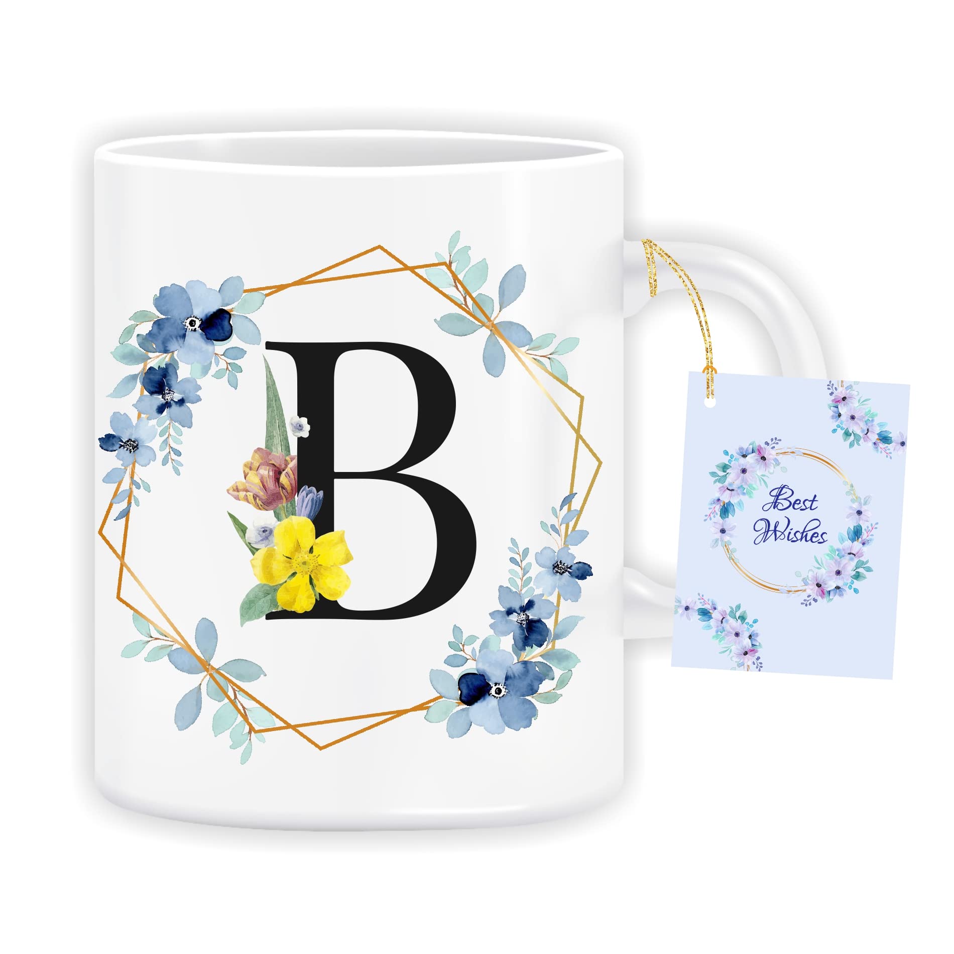 Personalized Initial Mug - Ceramic Coffee Tea Milk Cup with Alphabet Letter B - Custom Gift for Women, Men, Couples, Friends - Birthday, Anniversary, Valentine's Day Present - Perfect for Home, Office & Gifting (Includes Best Wishes Tag)
