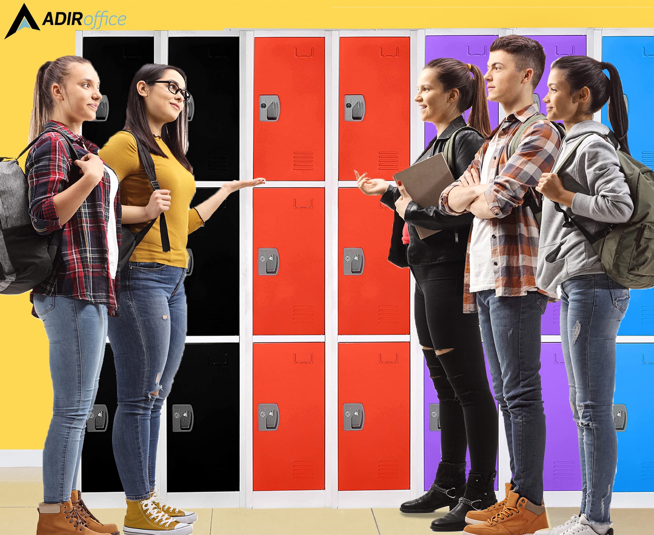 AdirOffice 3-Door Large Metal School Locker with Hooks - Heavy Duty Storage Cabinet for School, Office, Garage Organization - Red (Perfect for Backpack Storage, Sports Equipment & Work Tools)
