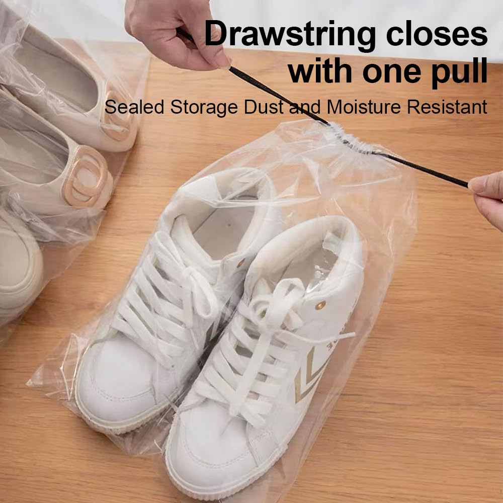 100 Pcs Clear Plastic Drawstring Shoe Bags for Travel & Storage - 16