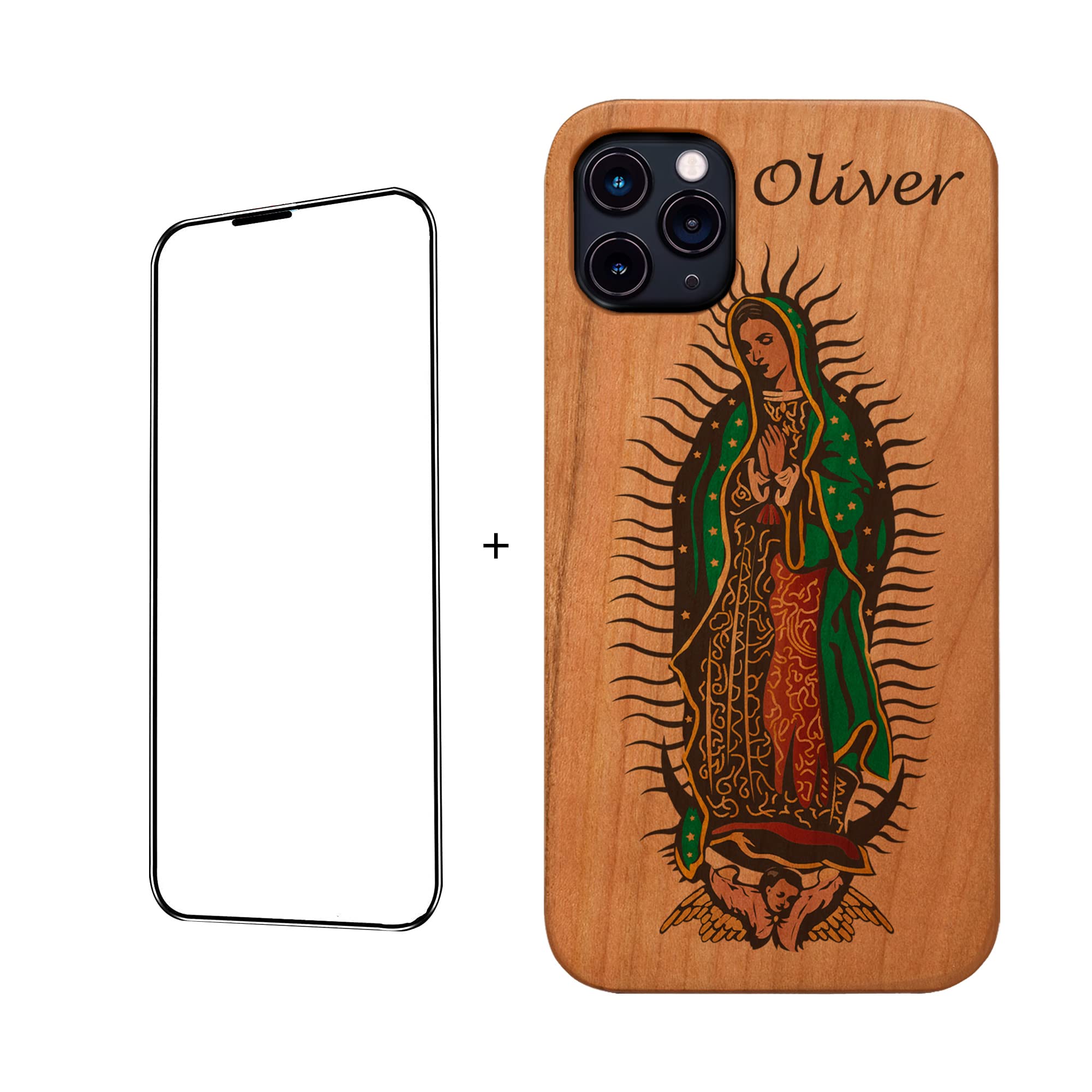 Custom Virgin of Guadalupe Wooden Phone Case with Free Tempered Glass - Compatible with iPhone 13/14/15 Series & Samsung S20/21/22 - Religious Protection for Daily Use, Travel & Devotional Gifts