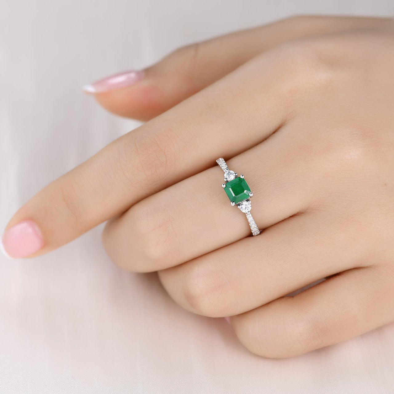 Exquisite Natural Zambian Emerald Three-Stone Platinum Ring with Diamond Accents - Perfect for Engagement, Anniversary & Special Occasions