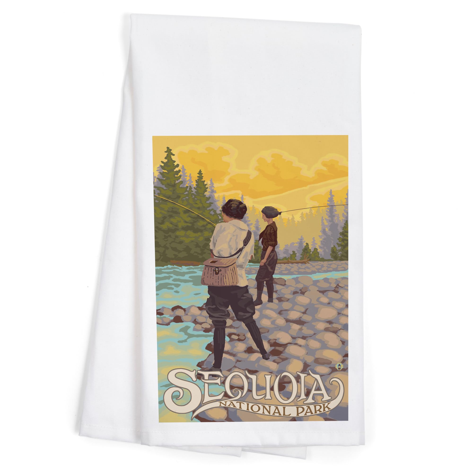 Lantern Press Sequoia National Park Women Fishing Tea Towel - 100% Cotton Decorative Hand Towel for Kitchen, Home Decor & Gifts - Perfect for Dish Drying, Wall Art & Cozy Cabin Decor