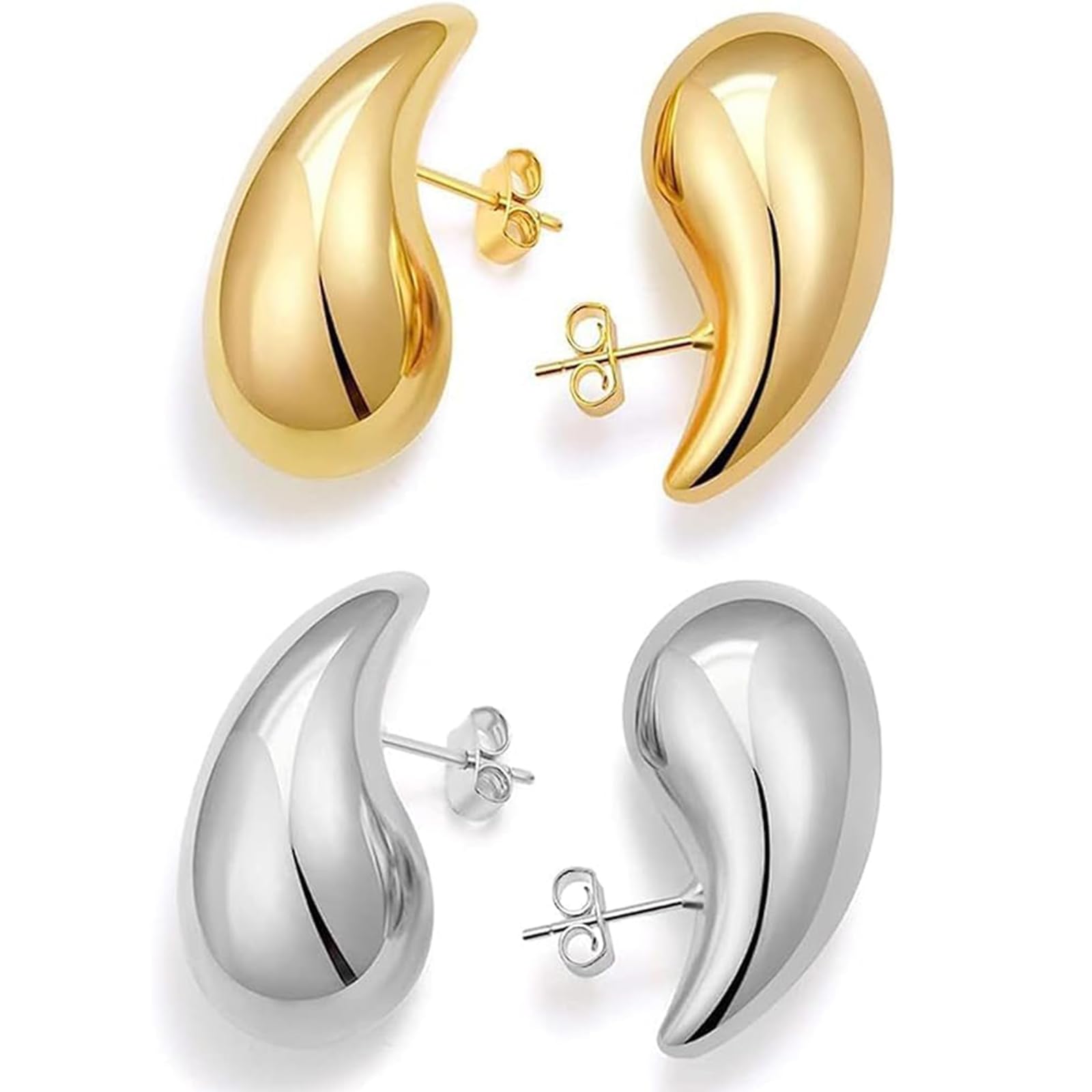 2 Pair Bottega Teardrop Gold Hoop Earrings for Women - 18K Gold Plated/Silver Chunky Hoop Earrings | Lightweight Dangle Earrings, Hypoallergenic Nickel-Free Trendy Jewelry Set | Perfect for Parties, Weddings & Everyday Fashion Accessories