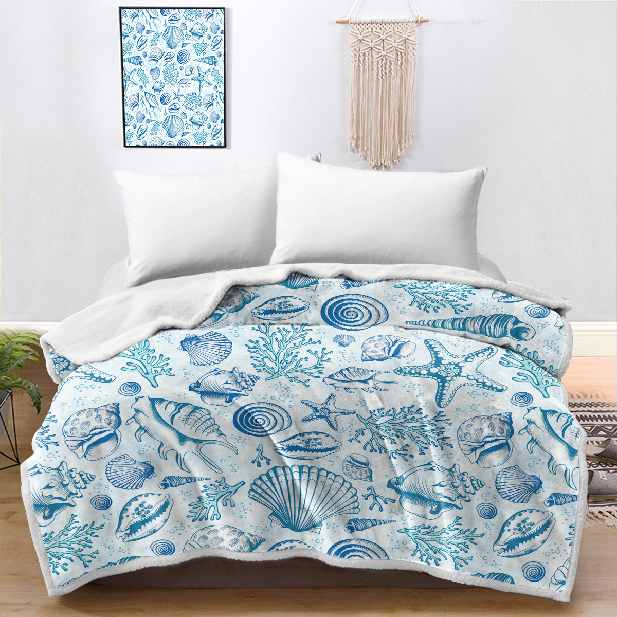 Blue Seashells Bedspread Blanket - Soft Coastal Beach Themed Throw for Bed, Sofa & Decor | Perfect for Beach House, Guest Room & Coastal Style Bedding