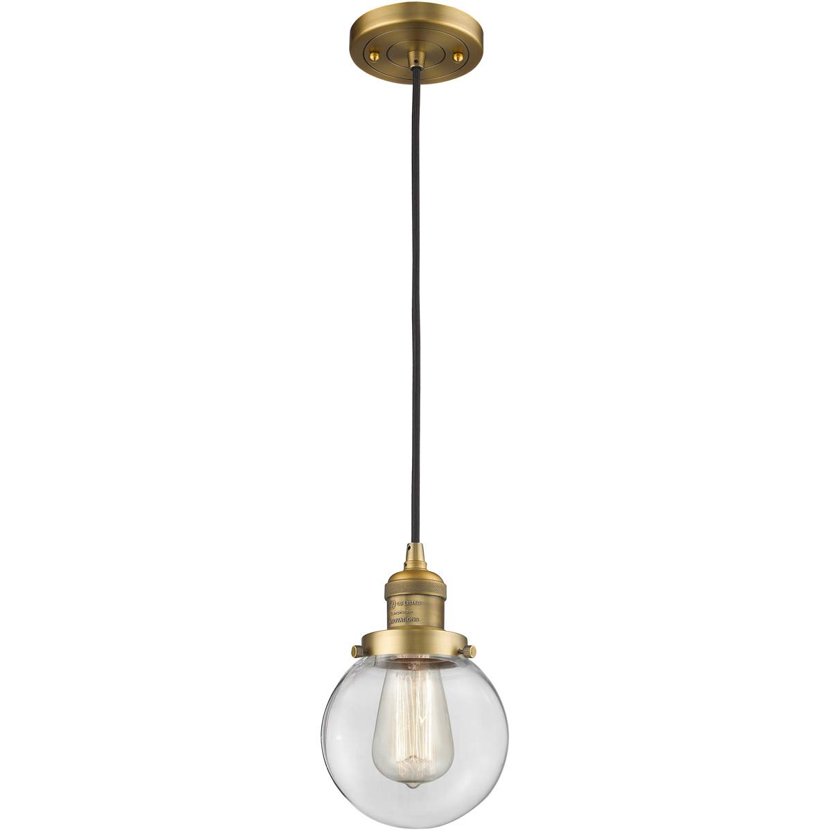 Brushed Brass Mini Pendant Light - 6 Inch Clear Glass Shade with LED Bulb - Steel/Cast Brass Construction - Perfect for Kitchen Island, Dining Room, or Entryway Lighting