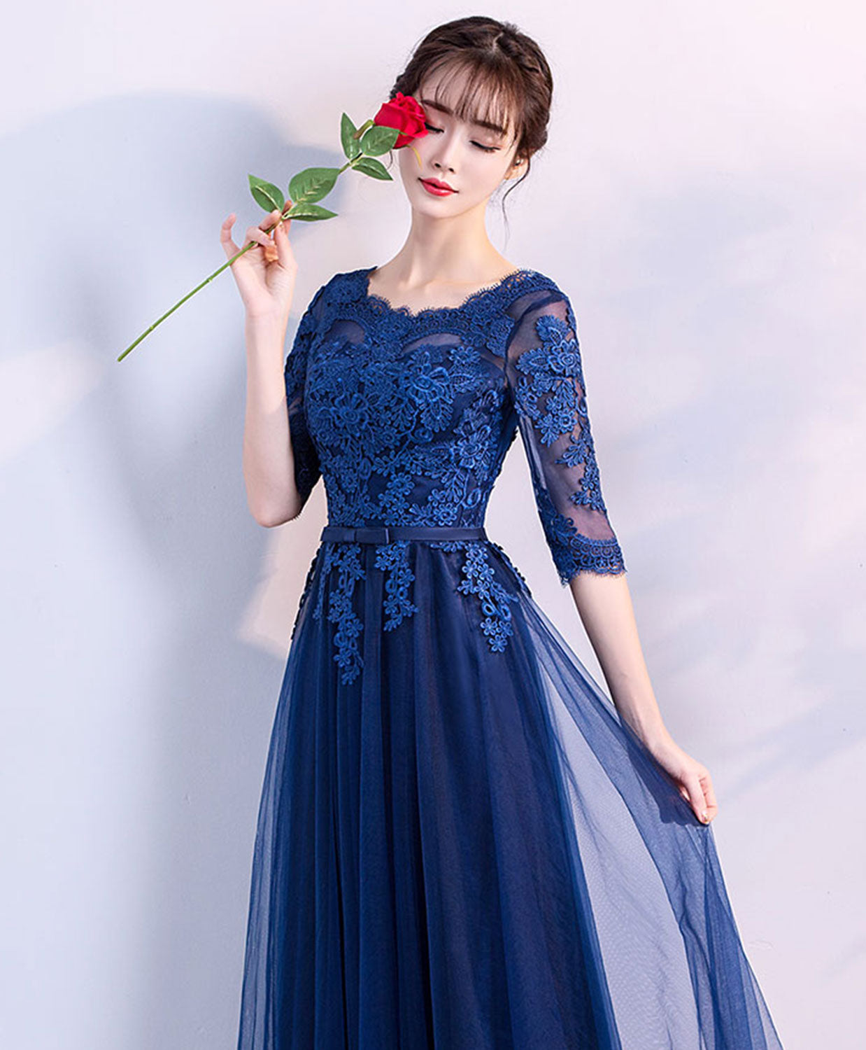 Elegant Blue Tulle Lace Long Prom Dress with Floral Embroidery - Formal Evening Gown for Homecoming, Wedding, and Special Occasions