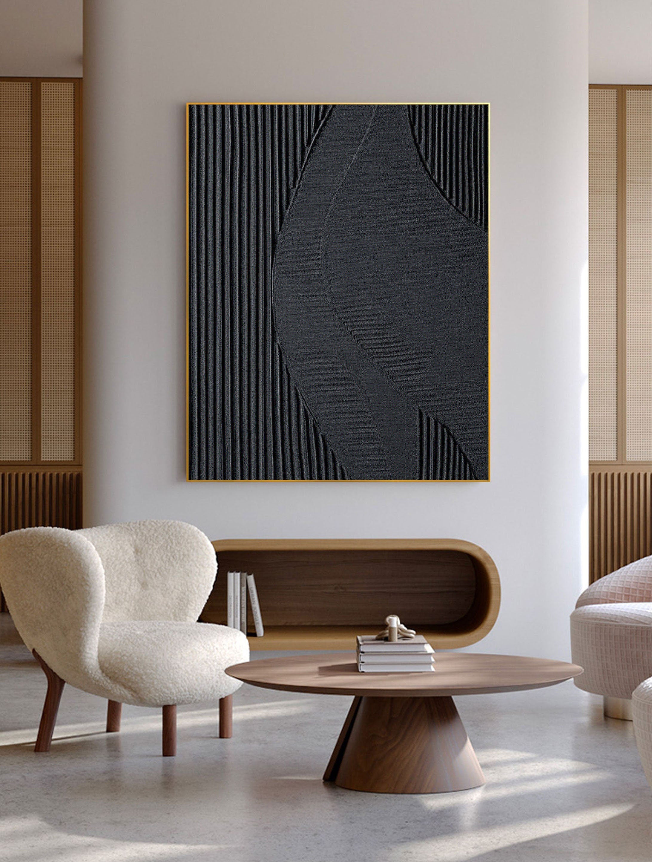Black Plaster Art Minimalist Textured Painting - Modern Abstract Wall Decor for Living Room, Bedroom & Office | #MZ035