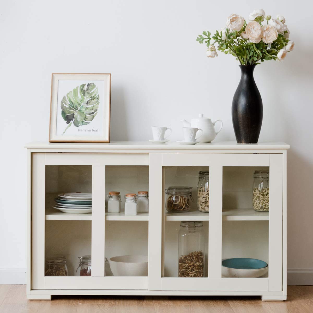FANTASK Stackable Kitchen Storage Cabinet with Adjustable Shelf & 2 Glass Sliding Doors - Cream White Buffet Sideboard for Dining Room, Living Room, Hallway or Office | Perfect for Small Space Organization & Home Decor