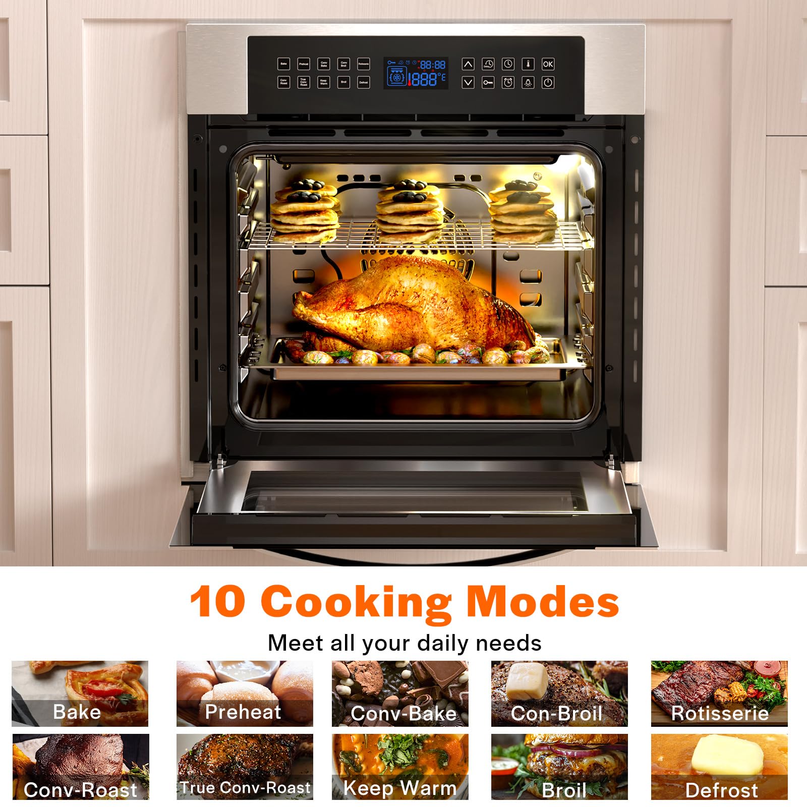 Empava 24 Inch Stainless Steel Electric Single Wall Oven - 10 Cooking Functions with 360° Rotisserie & Sensitive Touch Control - Perfect for Baking, Roasting & Entertaining in Modern Kitchens