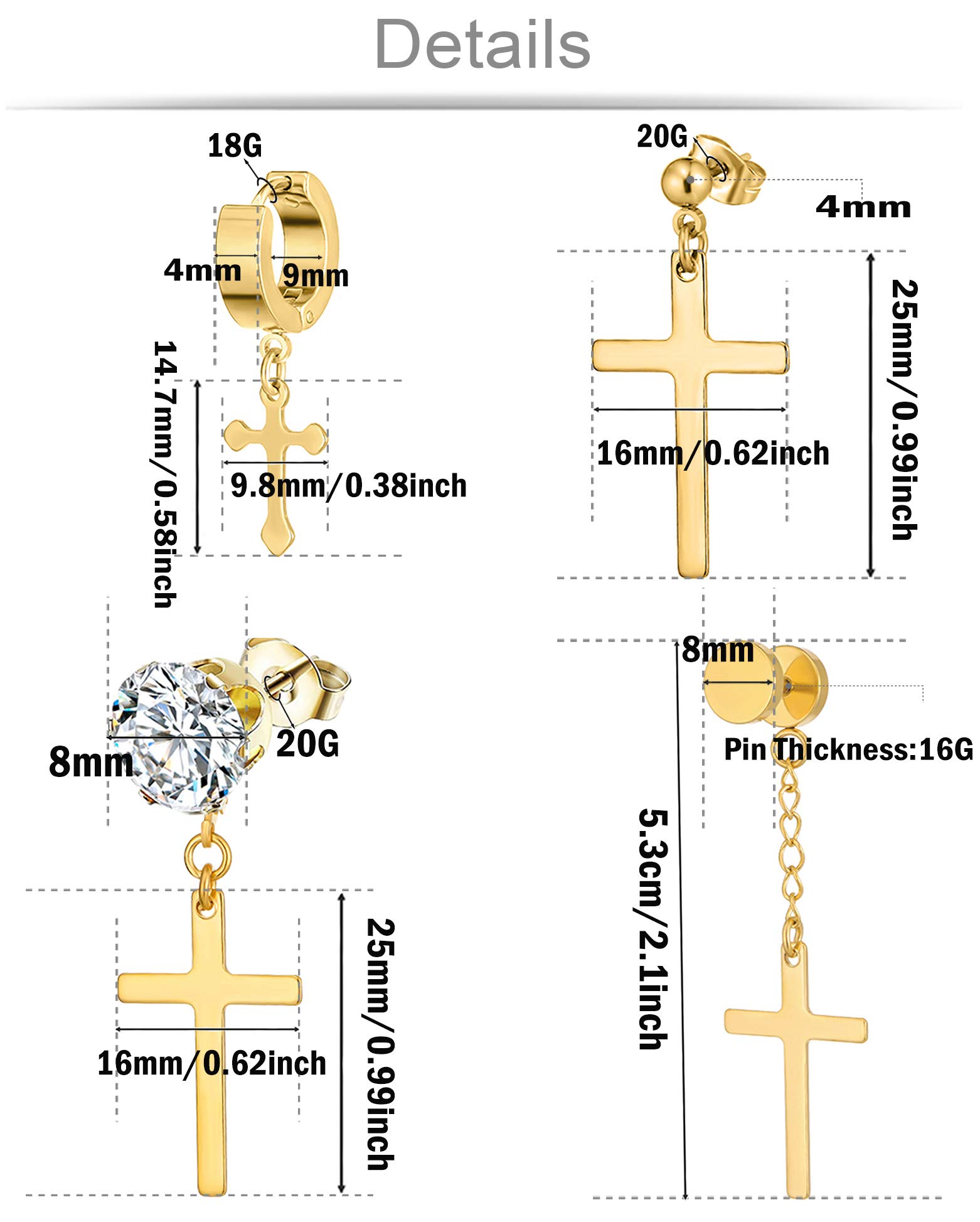 4 Pairs Stainless Steel Dangle Hinged Hoop Earrings - Huggie Earrings with CZ Studs for Men & Women (Silver, Gold, Black) | Perfect for Everyday Wear, Parties & Gifts