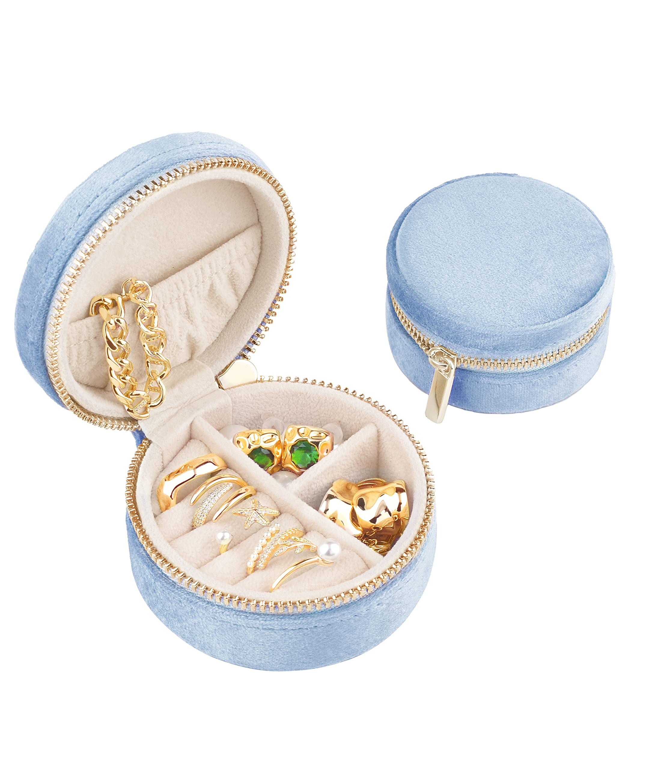TAIMY Plush Velvet Travel Jewelry Box - Round Mini Jewelry Organizer for Women & Girls | Portable Jewelry Case for Rings, Earrings, Necklaces, Bracelets | Perfect for Travel, Vacation & Daily Use (Ocean Blue)
