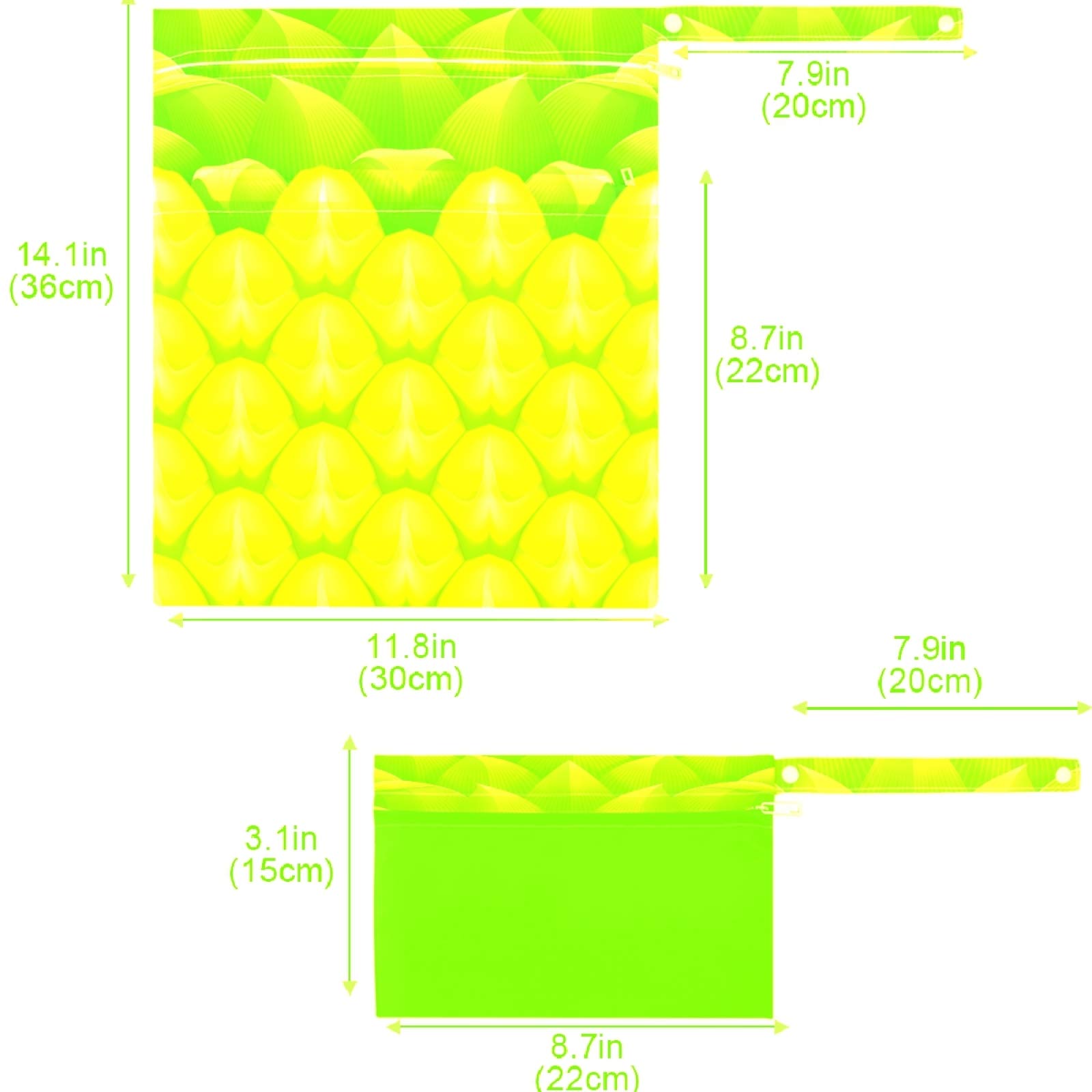 Visesunny 2-Pack Waterproof Wet Bags with Zipper Pockets - Reusable & Washable Storage for Swimsuits, Gym Clothes, Diapers - Perfect for Beach, Pool, Travel, Daycare & Stroller Organization (Tropical Pineapple Design)