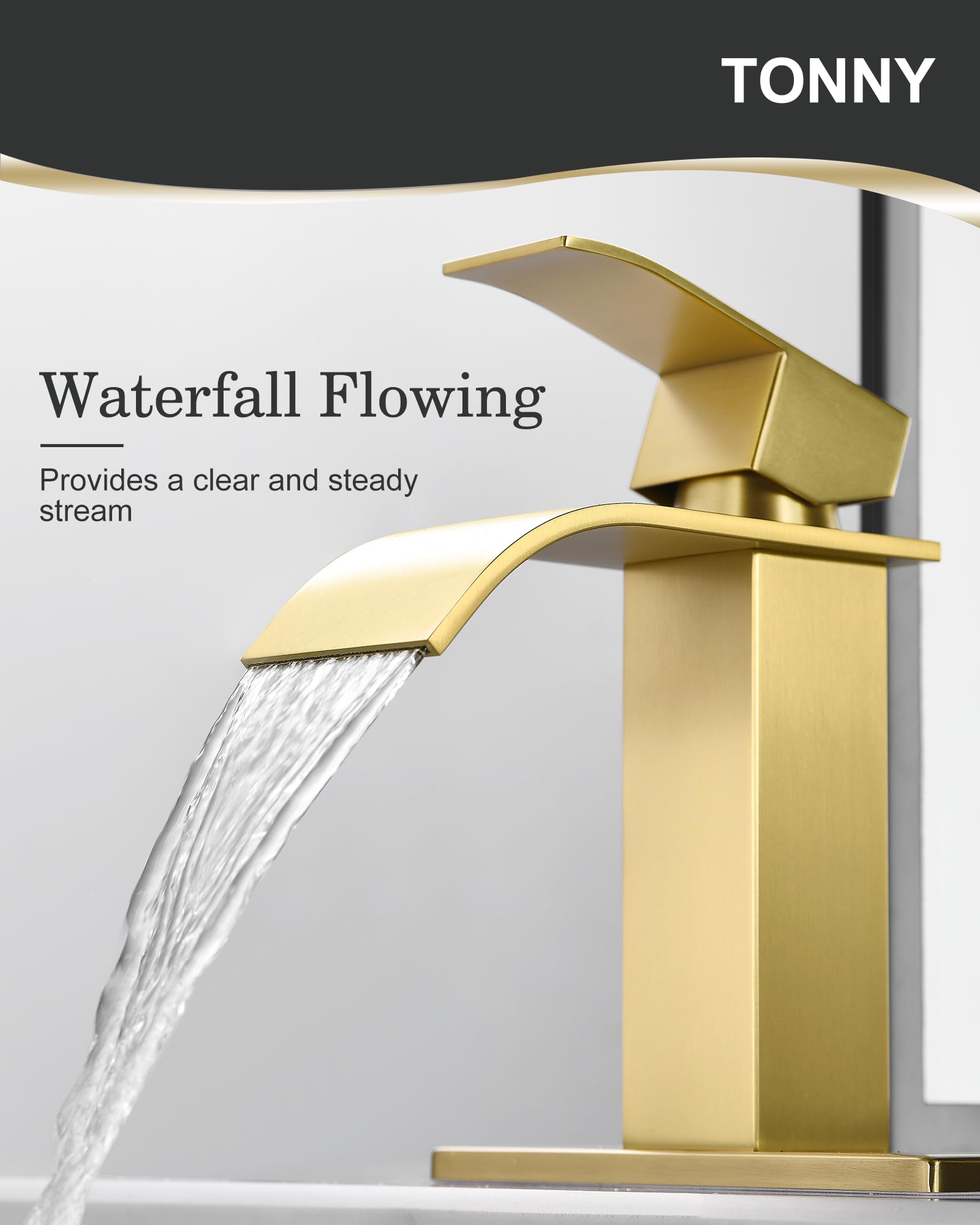 Modern Single Hole Bathroom Faucet - Waterfall Spout Brushed Gold Finish with Drain Assembly & Lead-Free Hose - Perfect for Bathroom Sink, Vanity, and Powder Room Upgrades - TONNY