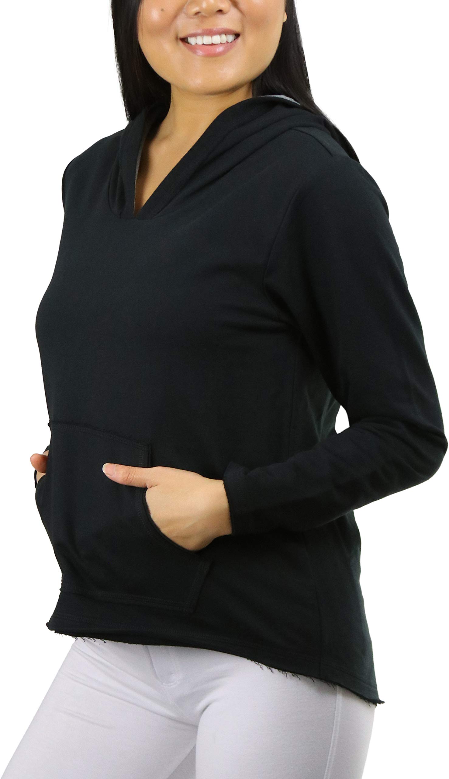 ToBeInStyle Women's Cotton Long Sleeve V-Neck Raw Edge Relaxed Fit Hoodie - Soft Casual Pullover Sweatshirt for Lounge, Workout & Everyday Wear