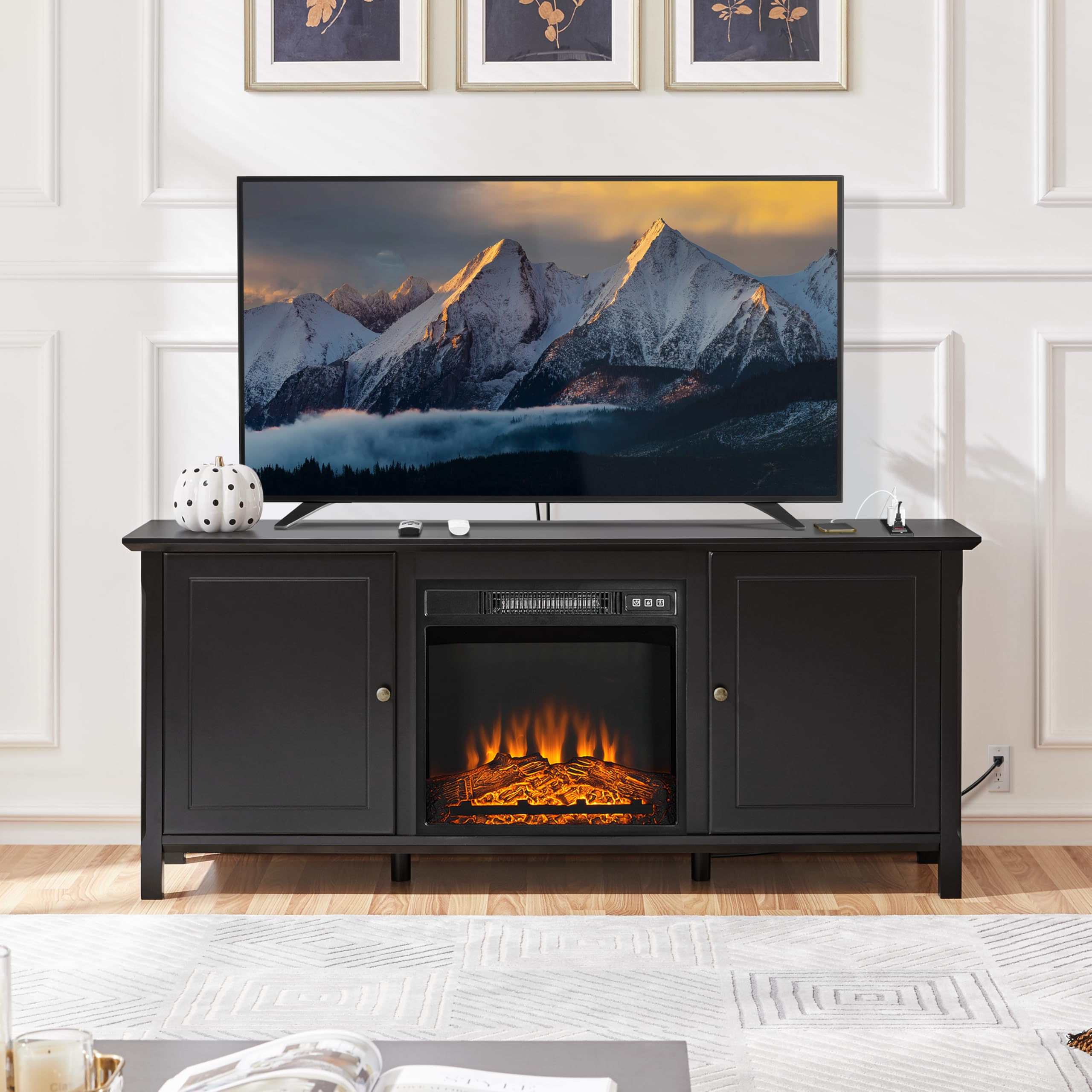 Yaheetech 65 Inch TV Stand with Power Outlet - Modern Black Entertainment Center & TV Console Table for Living Room, Bedroom - Sturdy TV Cabinet with Storage Shelves for Home Theater Setup & Media Organization
