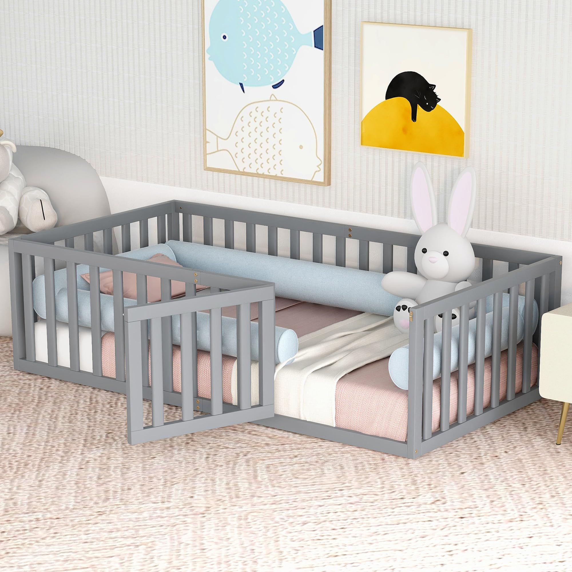 Montessori Twin Floor Bed with Fence & Door - Solid Wood Toddler Bed for Kids, Boys & Girls - Gray Twin Size Floor Bed for Safe Sleeping & Playroom Decor