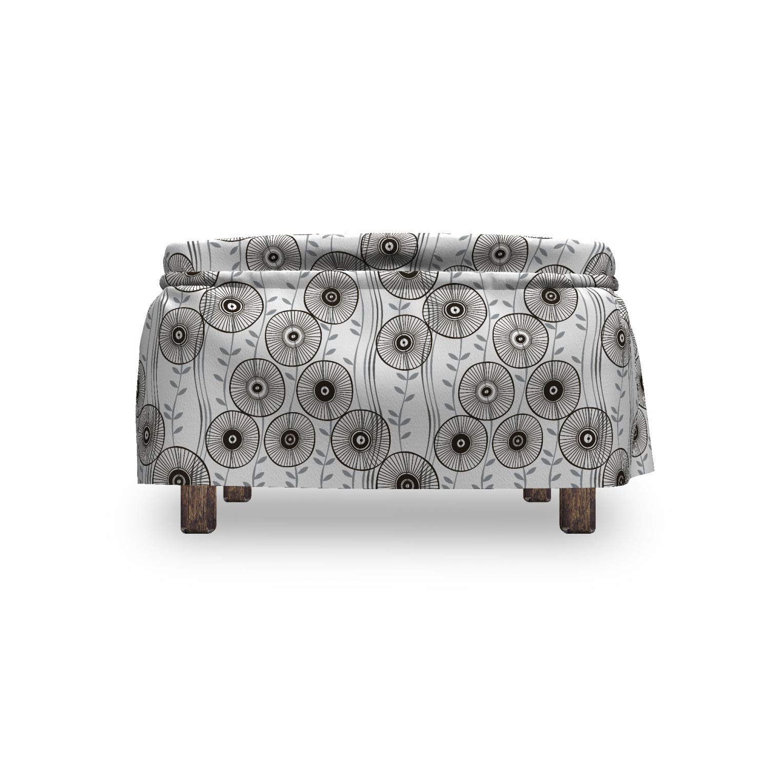 Ambesonne Abstract Ottoman Cover Set - Wagon Wheel Design, 2-Piece Slipcover with Ruffle Skirt for Square/Round Footstools | Dark Taupe Grey & White | Home Decor Accent for Living Room, Bedroom & Office