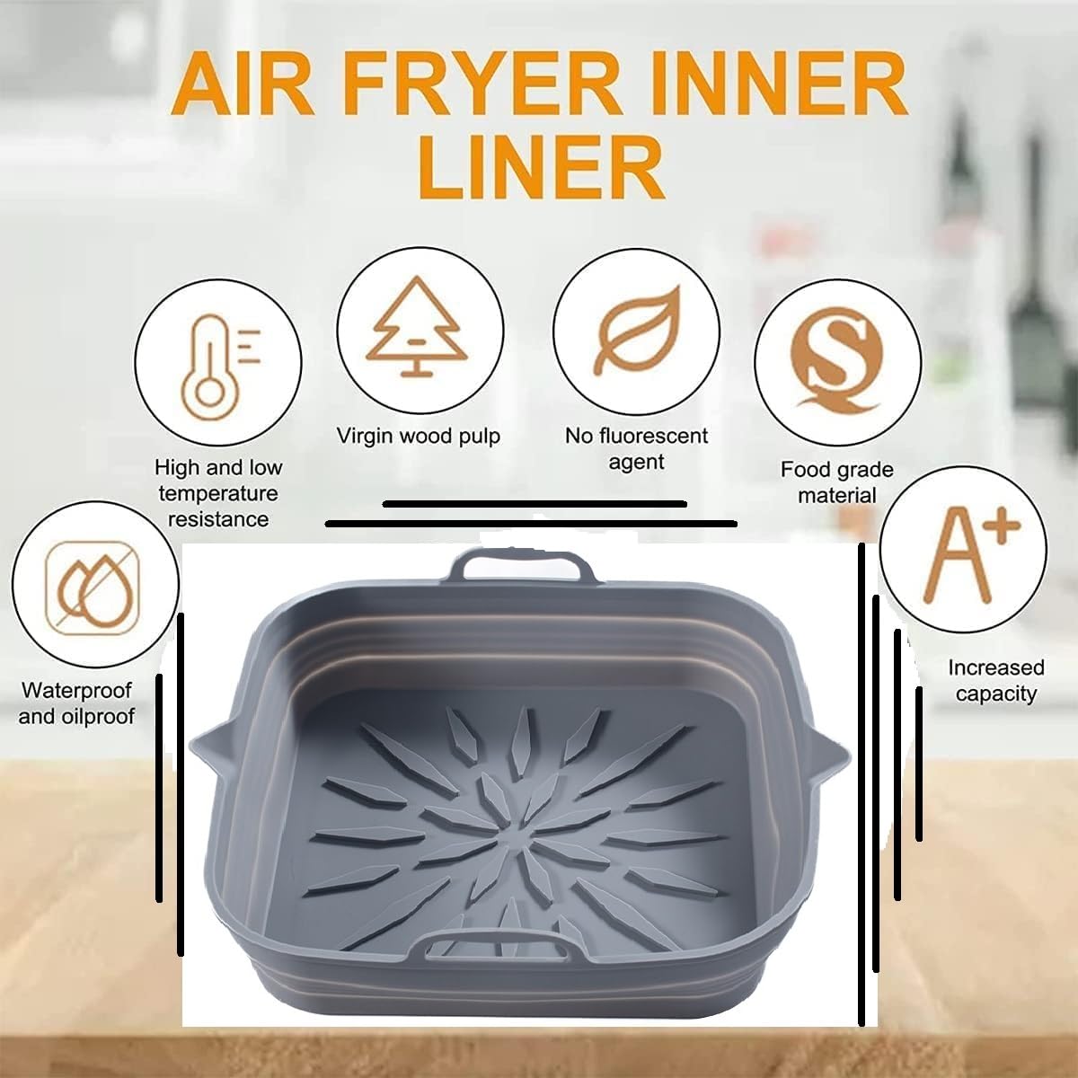 **Reusable Silicone Air Fryer Liners (2-Pack) – 8.5” Square Non-Stick Basket for 4-7 Qt Air Fryers – Heat-Resistant, Easy to Clean – Grey & Black – Perfect for Frying, Baking & Roasting**