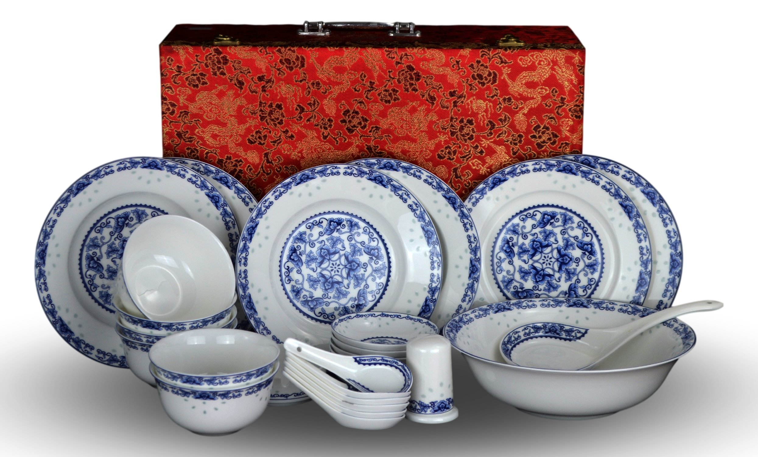 28-Piece Blue and White Bone China Dinnerware Set - Service for 6 with Rice Bowls - Handcrafted Jingdezhen Porcelain (Blue Lotus) - Elegant Tableware for Weddings, Restaurants & Special Occasions
