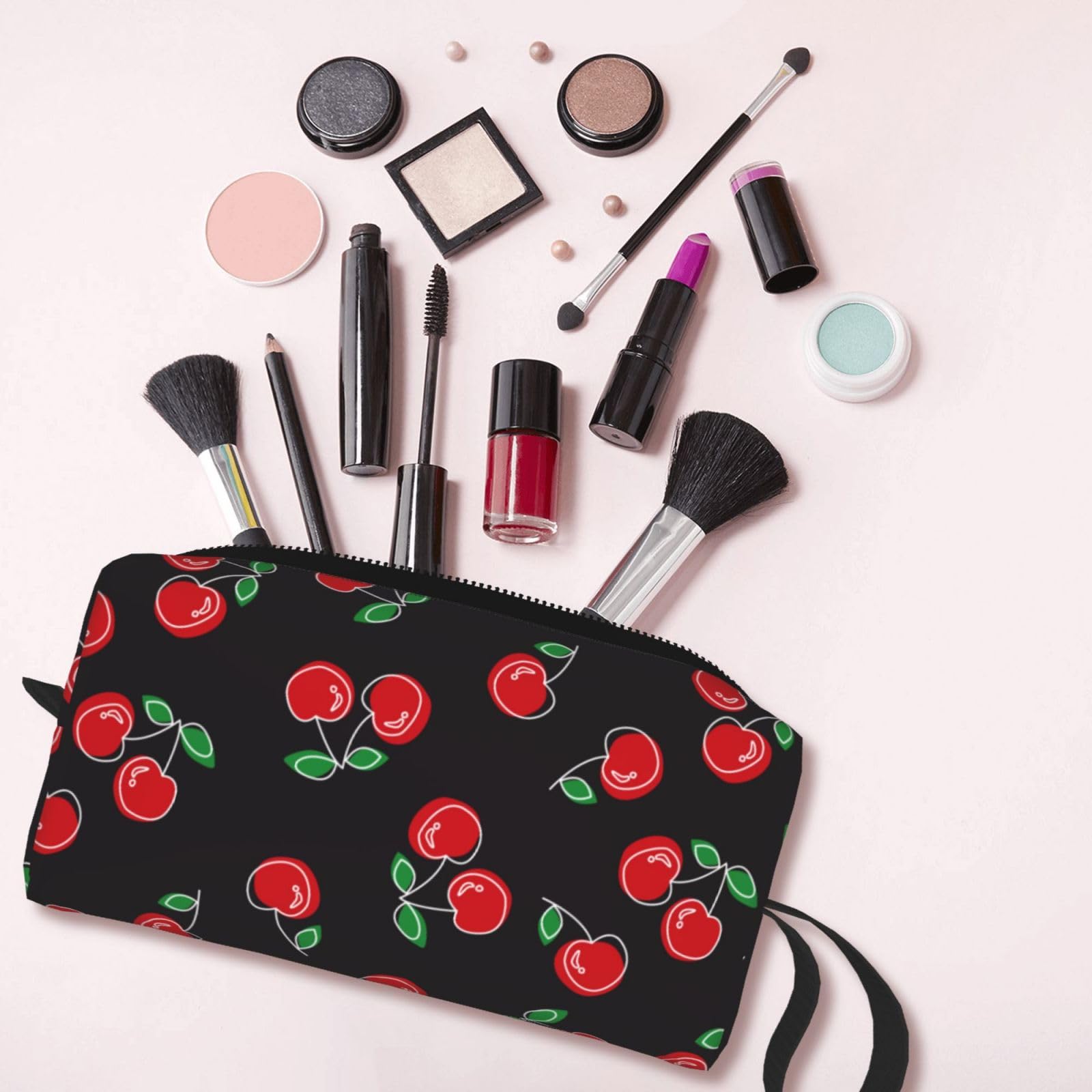 Red Cherry Black Makeup Bag Organizer - Small Cosmetic Travel Toiletry Bag with Handle - Portable Zipper Pouch for Women & Girls - Perfect for Travel, Gym, and Daily Essentials Storage