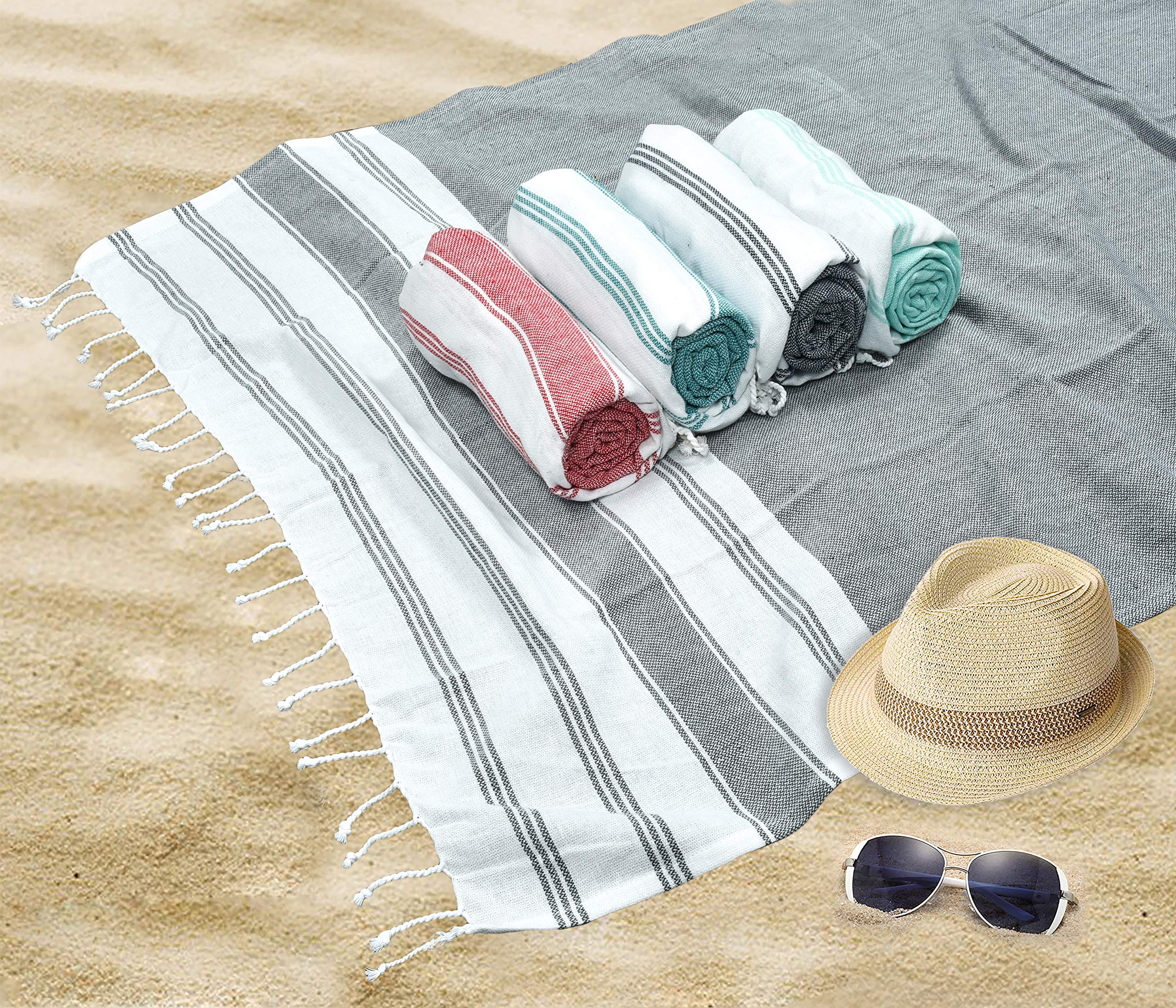 Premium Turkish Cotton Peshtemal Towels - Set of 4 Oversized 36x71 Inch Soft Absorbent Hammam Beach Towels for Adults | Quick-Dry Bath Sheets for Spa, Pool, Yoga & Travel - Charcoal Grey