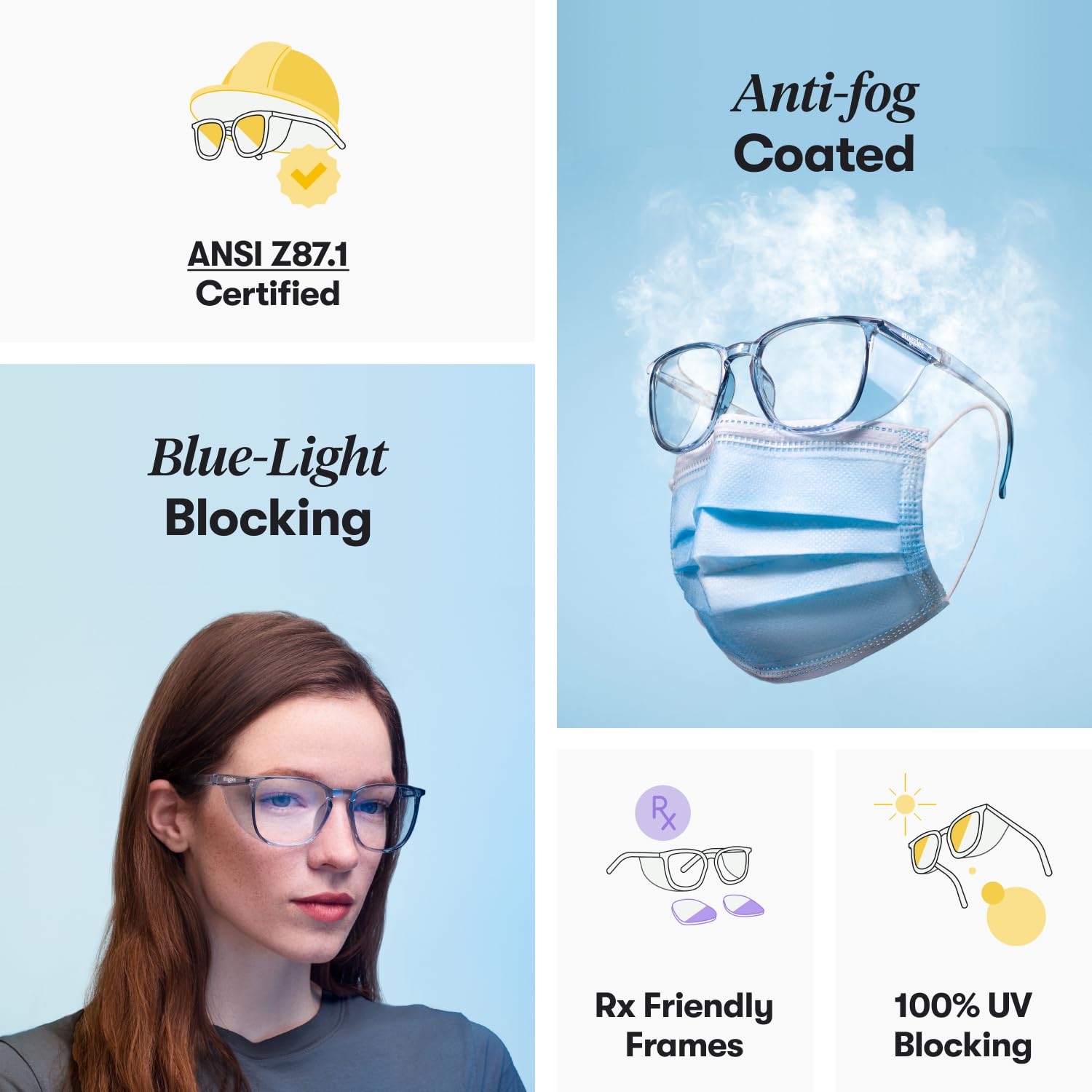 Stoggles Z87.1 Certified Safety Glasses - Blue Light & UV Protection, Anti-Fog Lens with Top/Side Shields - Stylish Protective Eyewear for Work, DIY Projects & Outdoor Activities