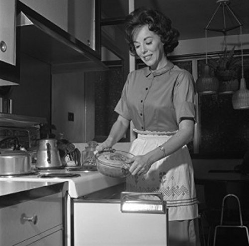 Happy Woman Putting Meal into Oven - 18x24 Inch Kitchen Cooking Poster Print - Perfect for Home Decor, Restaurant Wall Art & Cooking Enthusiast Gifts