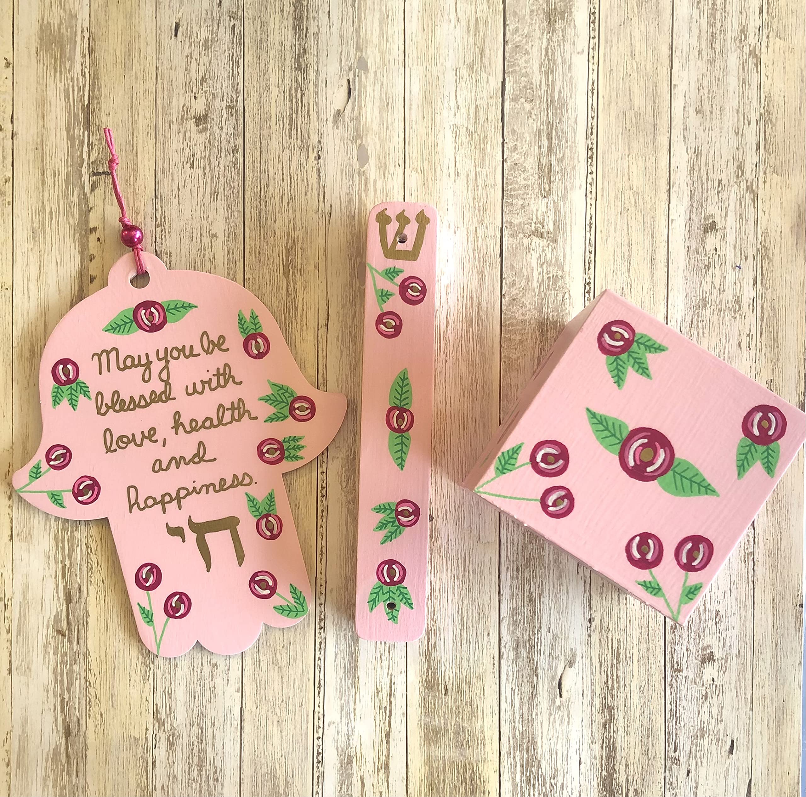 Pink Roses Hamsa Mezuzah Tzedakah Box Set with Kosher Scroll - Jewish Baby Naming Gift for Girls, Housewarming & Spiritual Blessings - Perfect for Synagogue, Home Decor & Jewish Ceremonies