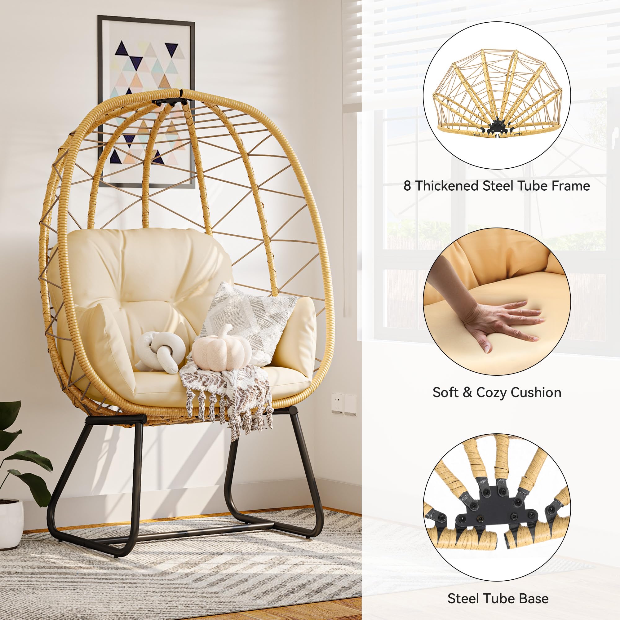 YITAHOME Beige PE Rattan Egg Chair with Stand & Cushion - Indoor/Outdoor Hanging Lounge Chair for Patio, Garden, Backyard, Porch - Perfect for Relaxing, Reading & Sunbathing