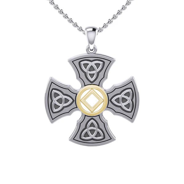 Templar Cross Sterling Silver & 14K Gold Accent Recovery Pendant with AA or NA Symbol - Adjustable Chain for 12-Step Programs & Spiritual Protection