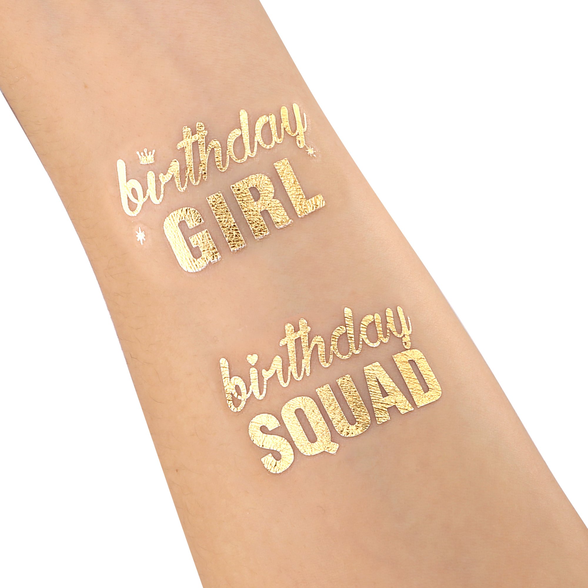 Konsait Metallic Temporary Tattoos for Girls - 32 Fun Birthday Designs (Birthday Girl, Birthday SQUAD, Cheers) - Perfect for Kids Birthday Parties, Celebration Favors & Party Bag Fillers - Great for Birthday Decorations, Photo Props & Themed Events