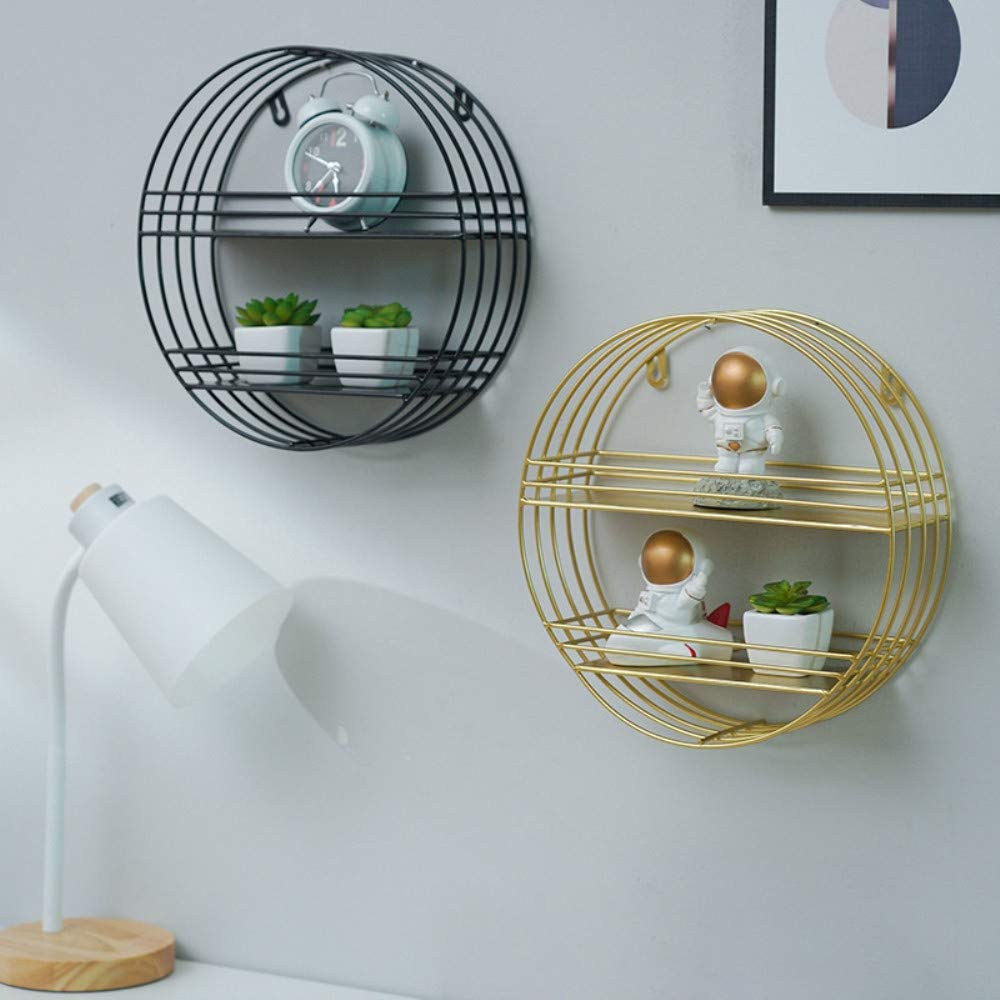 Floating Wall Shelves - Decorative Iron Wall Mounted Storage Rack for Living Room, Bedroom, Kitchen & Bathroom | Single Layer Gold Wooden Shelf | Space-Saving Home Organization Solution for Books, Plants & Decor