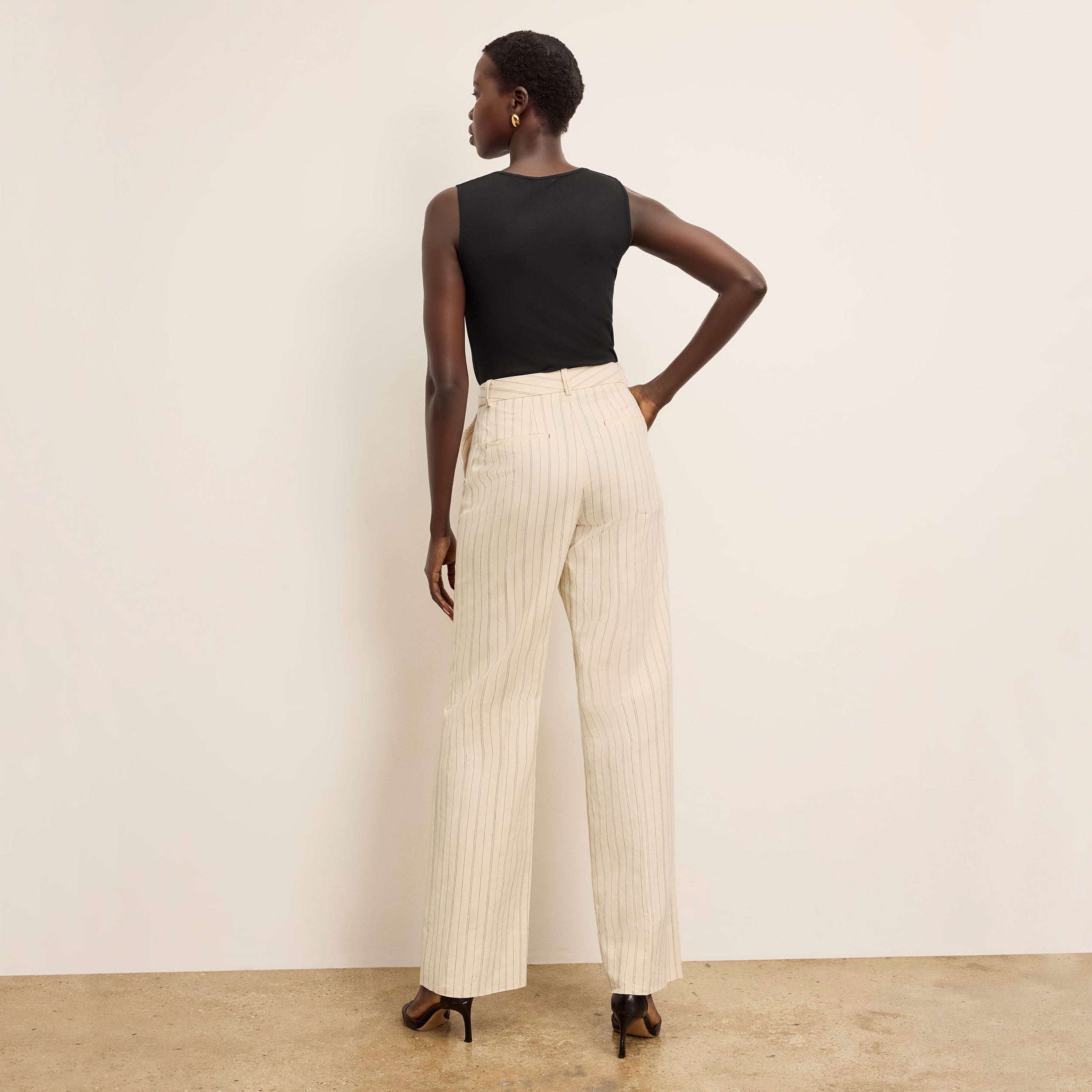 Tinsley Wide Leg Pants for Women - Breeze Stripe Pattern in Ecru & Navy - Comfortable High Waist Trousers for Office, Travel & Casual Wear