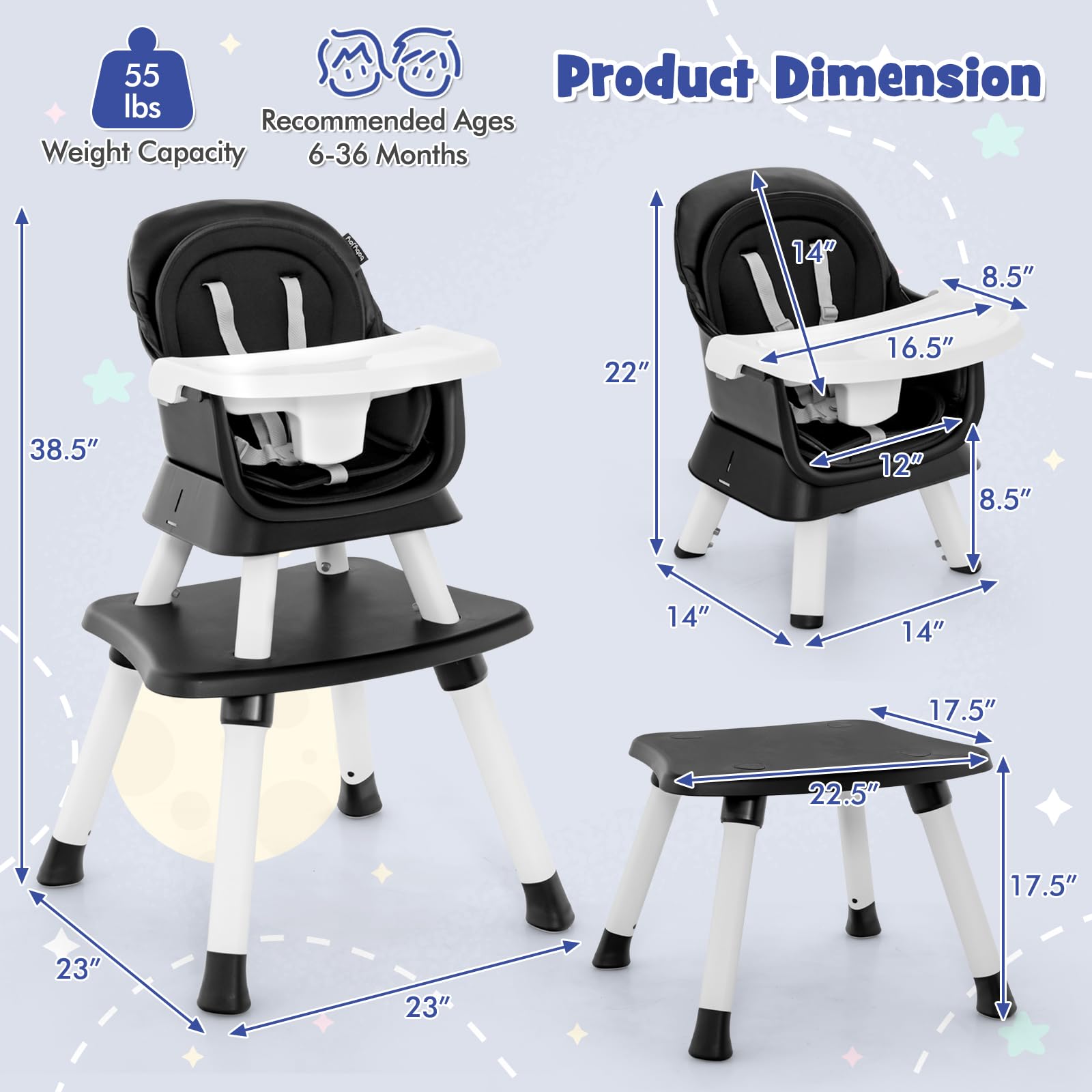 HONEY JOY 8-in-1 Convertible Baby High Chair for Toddlers - Multi-Functional Highchair, Booster Seat, Building Block Table & Stool with Safety Harness (Black) - Perfect for Dining, Playtime & Learning Activities