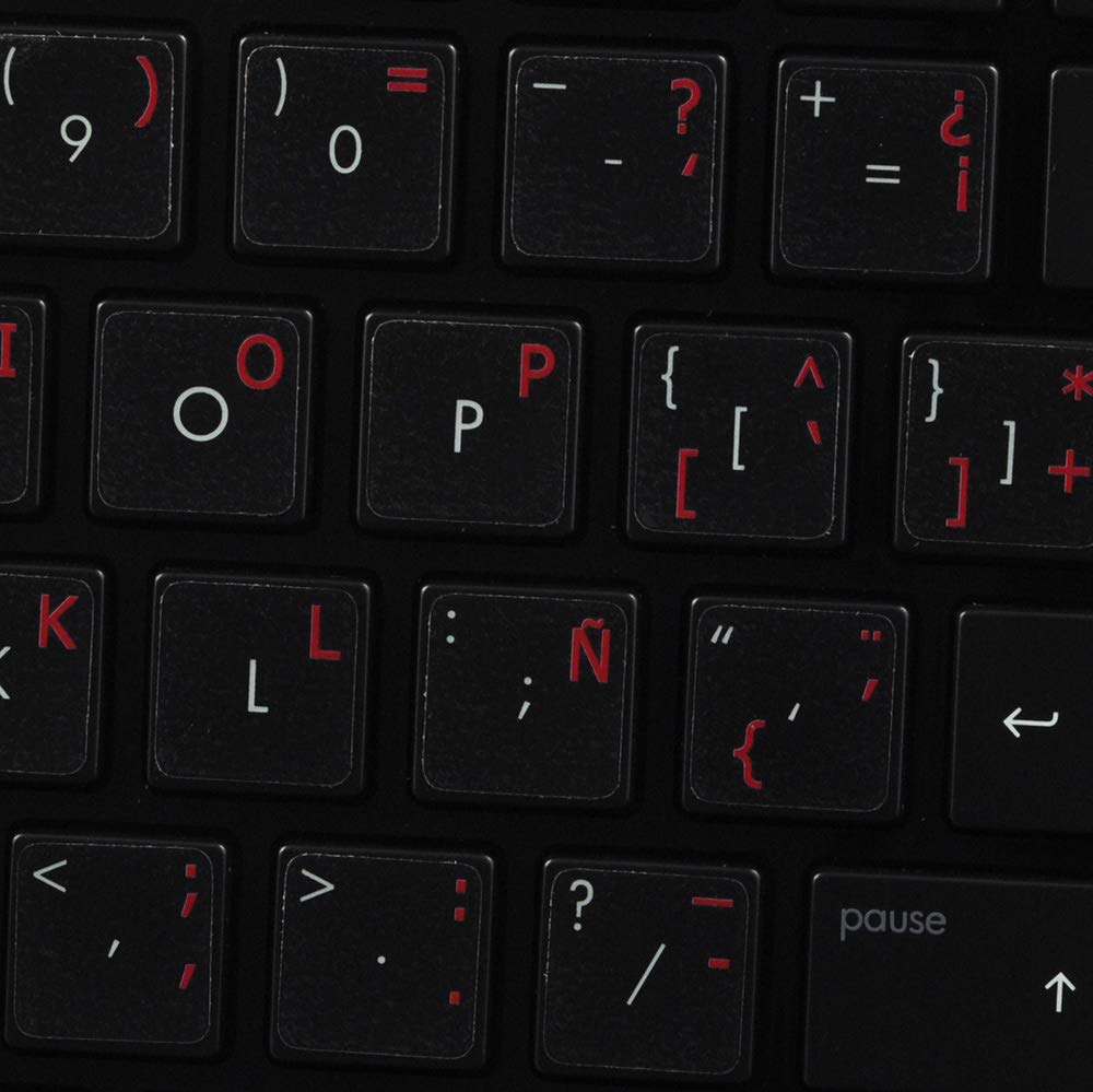 Spanish Keyboard Stickers with Red Letters on Transparent Background - 14x14 Size for Laptop, PC & Mac - Perfect for Bilingual Typing & Language Learning