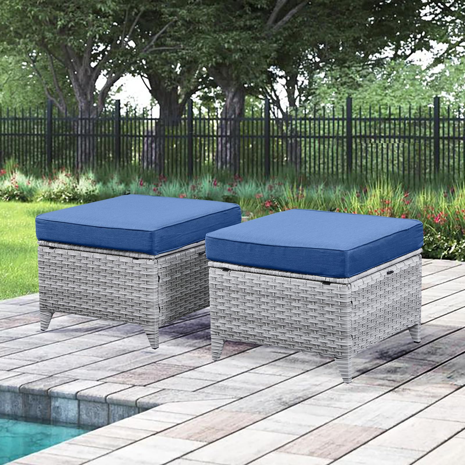 Outdoor Patio Furniture Ottoman Set of 2 - All-Weather Wicker Rattan Footstool with Soft Cushions - Perfect for Garden, Poolside, Deck & Backyard Relaxation