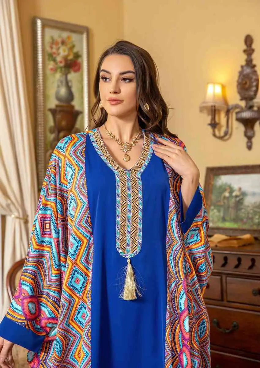 Elegant Eid Dress with Batwing Sleeves & Rhinestone Embellishments - Farasha Caftan Kaftan Jalabiya Dress for Women | Perfect for Eid Celebrations, Weddings & Special Occasions