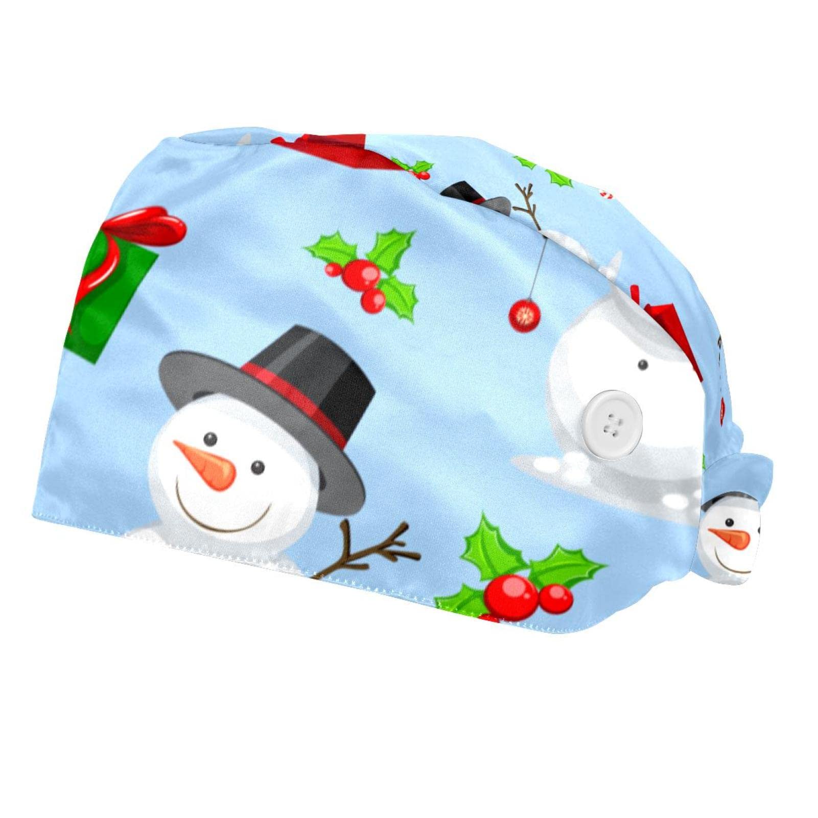 Adjustable Christmas Snowman Present Boxes Working Cap with Buttons & Sweatband - Unisex Bouffant Hat for Women & Men - Perfect for Holiday Gifts, Winter Workwear & Festive Costumes