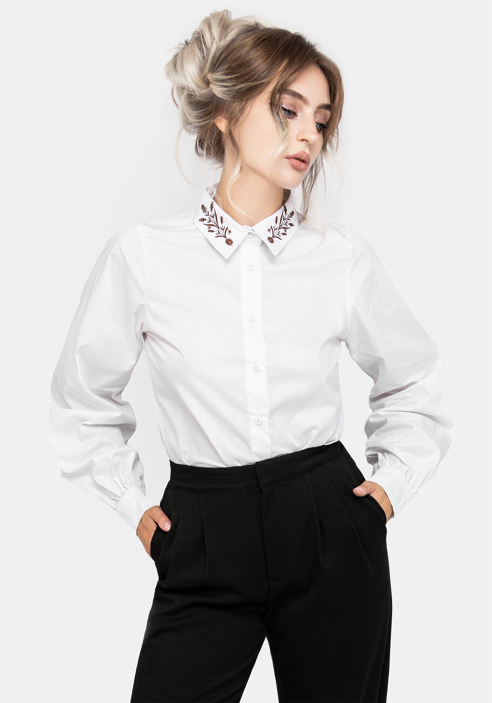 Cybele Embroidered Button Up Shirt for Women - Elegant Floral Embroidered Blouse with Front Buttons - Perfect for Office, Date Night & Spring Outfits