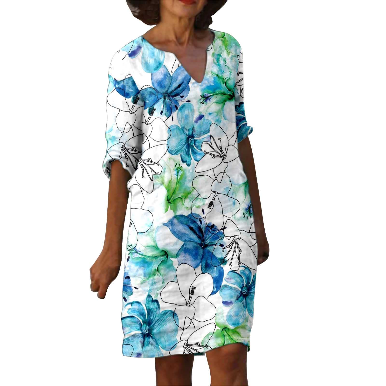 Vintage Floral Print V-Neck Midi Dress for Women - Casual Summer Dress with Pockets | Perfect for Daily Wear, Office, Date Night & Beach Outings