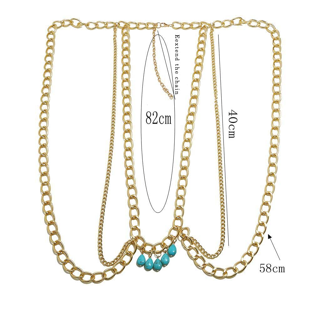 Boho Turquoise Waist Chain with Gold Tassel Charms - Elegant Belly Body Jewelry for Women & Girls | Perfect for Beach Parties, Bikini Outfits & Festival Fashion Accessories