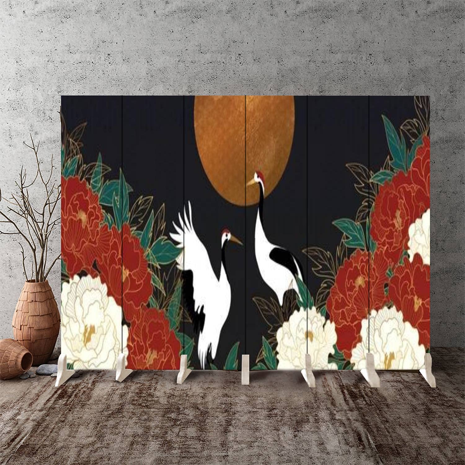 Luxury Gold Floral Oriental Style Room Divider Screen - 6 Panel Folding Privacy Partition with Canvas Background & Flower Wallpaper Design | Perfect for Living Room, Bedroom, Office & Event Space Dividers