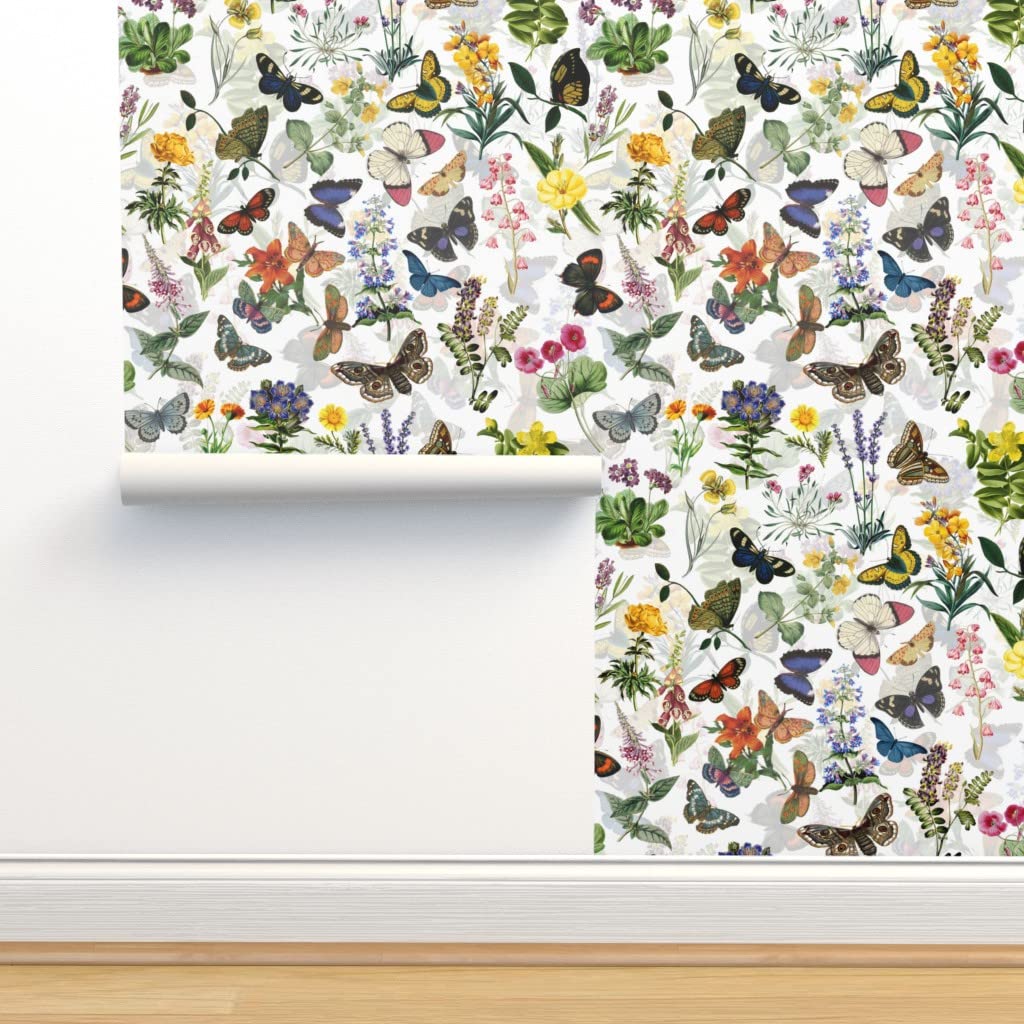 Peel & Stick Removable Wallpaper 12ft x 2ft - Vintage Floral Butterfly Design, Watercolor Spring Garden Pattern, White & Colorful Botanical Print for Nursery, Bedroom, Living Room Decoration | Easy DIY Home Decor Upgrade