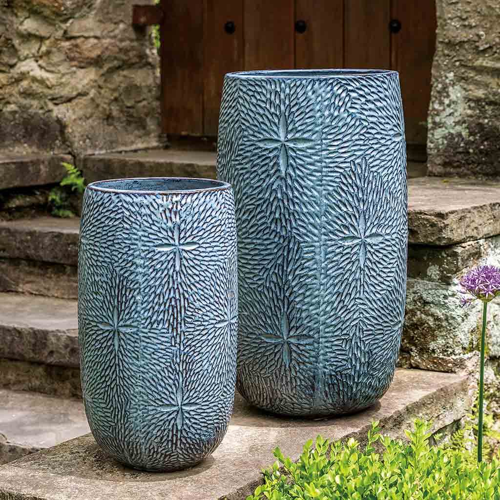 Campania International Sand Dollar Tall Planter Set of 2 - French Blue Ceramic Flower Pots for Indoor/Outdoor Garden Decor