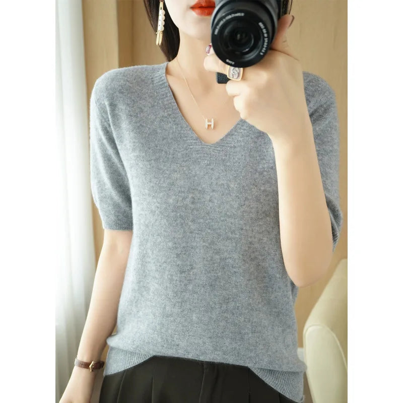 Solid Color V-Neck Half-Sleeve Cashmere Sweater for Women - Soft Thin Knit Casual Top for Office Wear & Fall Layering