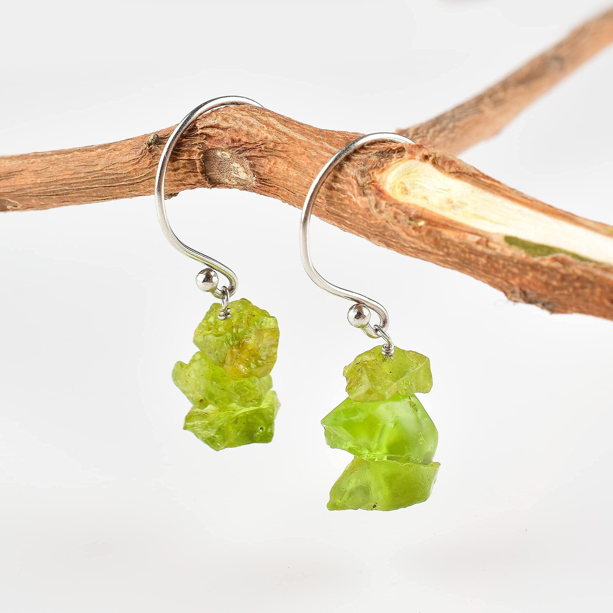 Natural Raw Green Peridot Earrings - Rhodium Plated 925 Sterling Silver Dainty Studs | Healing Birthstone Jewelry Gift for Women | Perfect for Everyday Wear, Energy Healing & Special Occasions