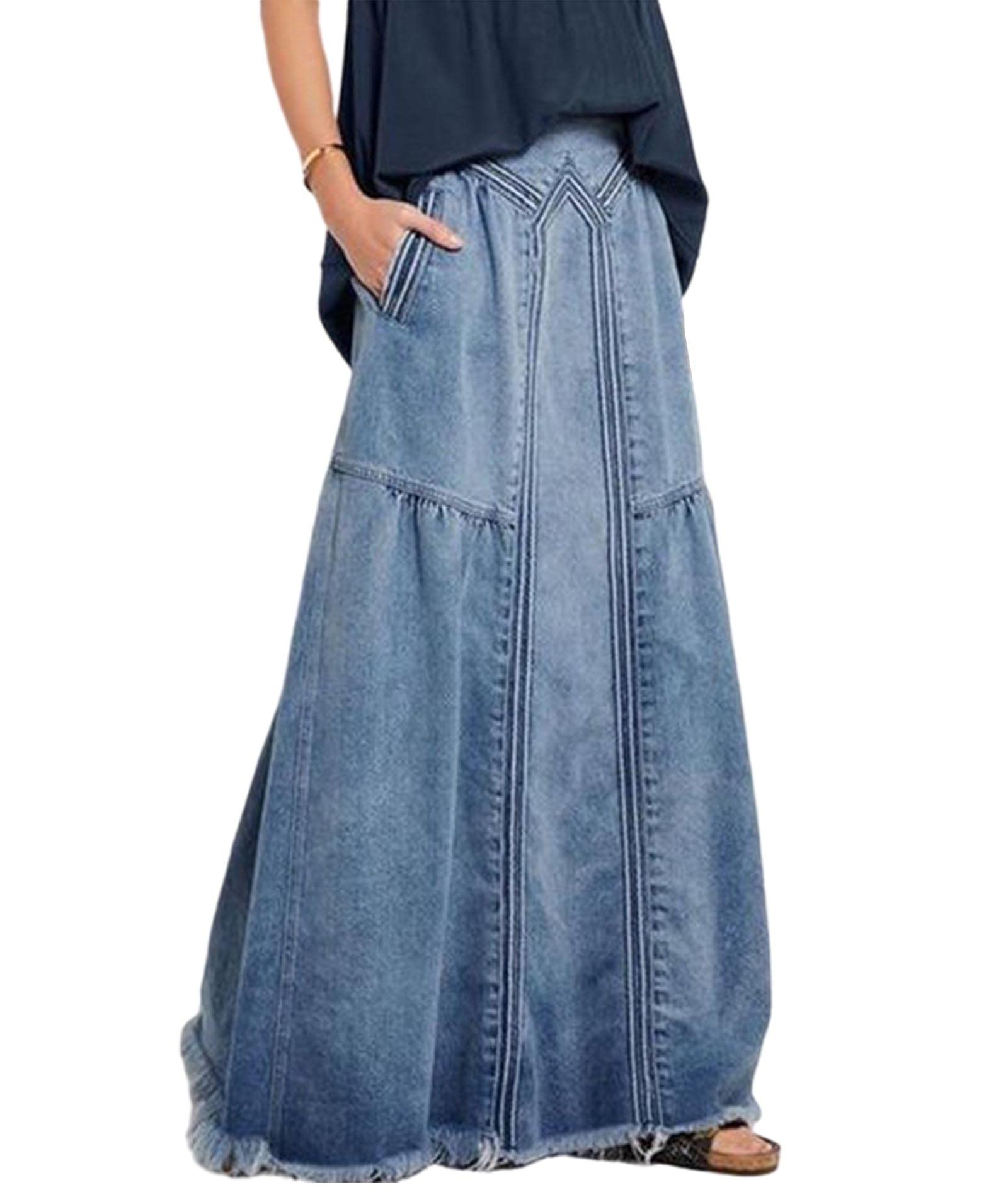 Vintage High Waist Distressed Denim Maxi Skirt for Women - Retro A-Line Frayed Hem Long Skirt Plus Size - Perfect for Casual Outfits, Boho Style & Summer Fashion