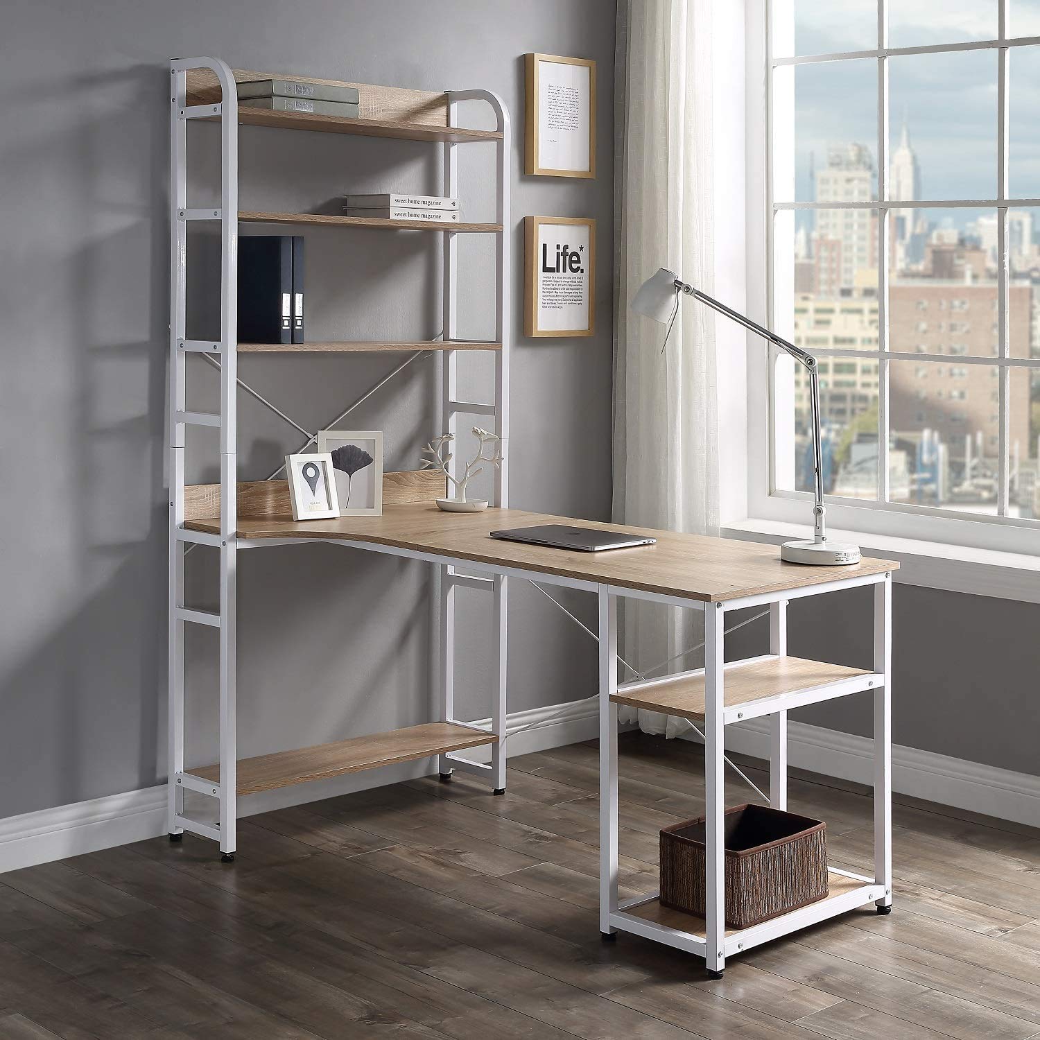 L-Shaped Computer Desk with 4-Tier Storage Shelves & Hutch Bookshelf - Spacious Oak Home Office Desk for PC, Laptop, Writing & Workstation - Perfect for Small Spaces, Gaming Setups & Remote Work
